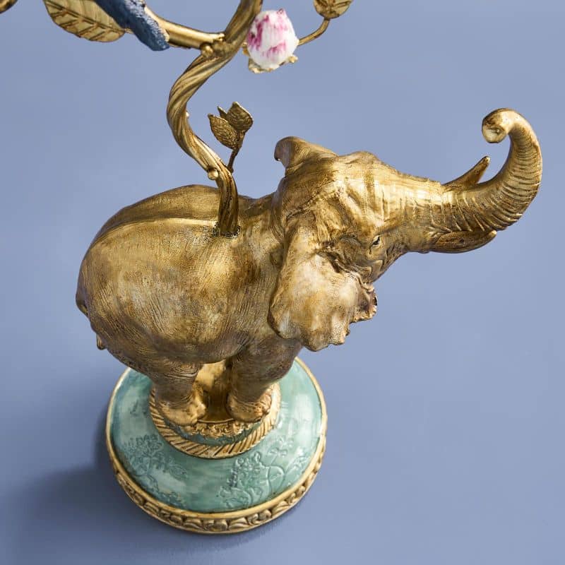 Kandelaar Olifant goud en turquoise, kunsthars en metaal 28 x 11 x 46,5 cm