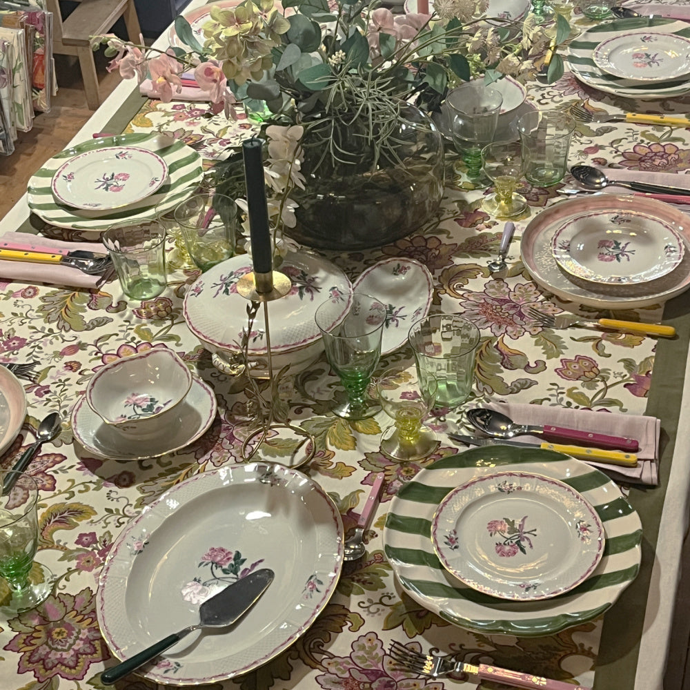 Eggy colorful floral (fuchsia, green, yellow) tablecloth with a striped border in army green | 130 x 310 cm