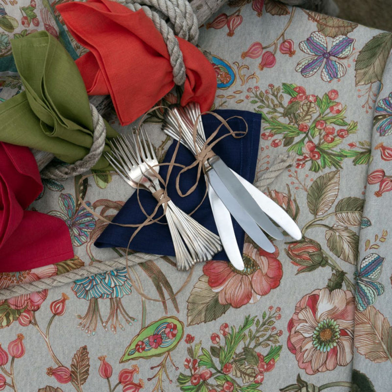 Rond linnen tafelkleed Occitane Ø 170 cm vrolijke bloemen op touwkleurige ondergrond