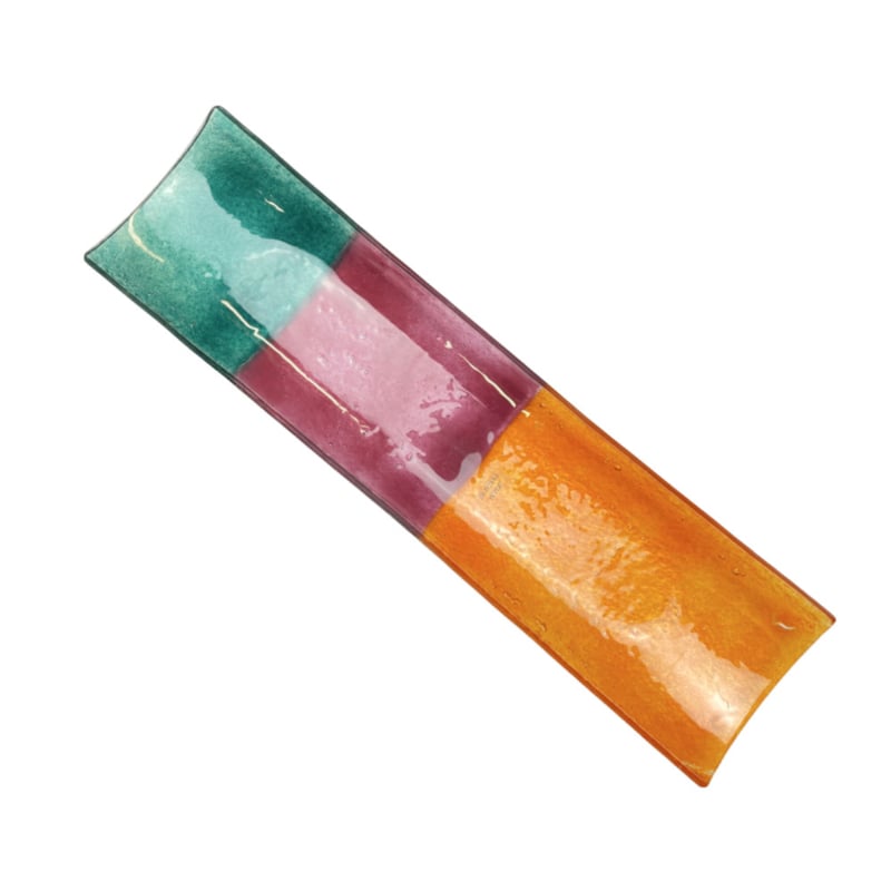Langwerpige glazen (sushi)schaal oranje, roze, turquoise, U-gevormd | 42 x 12 cm