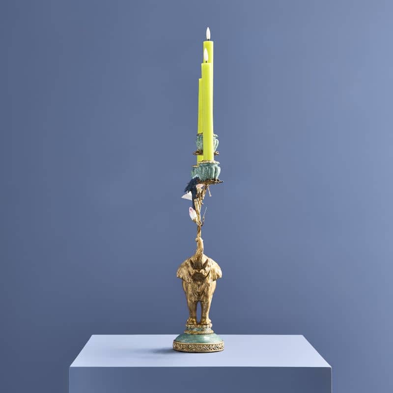 Kandelaar Olifant goud en turquoise, kunsthars en metaal 28 x 11 x 46,5 cm