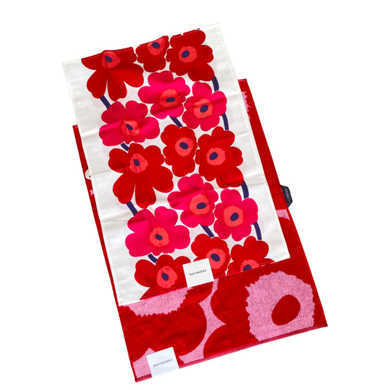 Marimekko (keuken-)handdoek Unikko rood met roze 50 x 70 cm