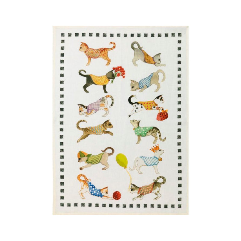 Linnen theedoek poezen met zwart geblokte rand