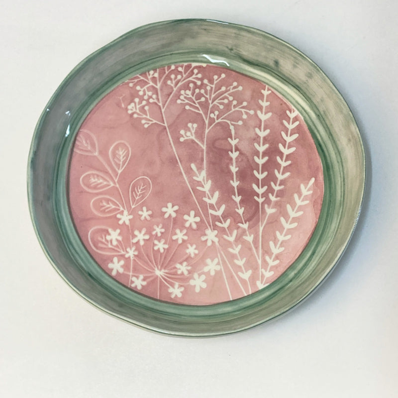 Duro Ceramics Bloom servies serveerschaal roze met groene rand 30 cm