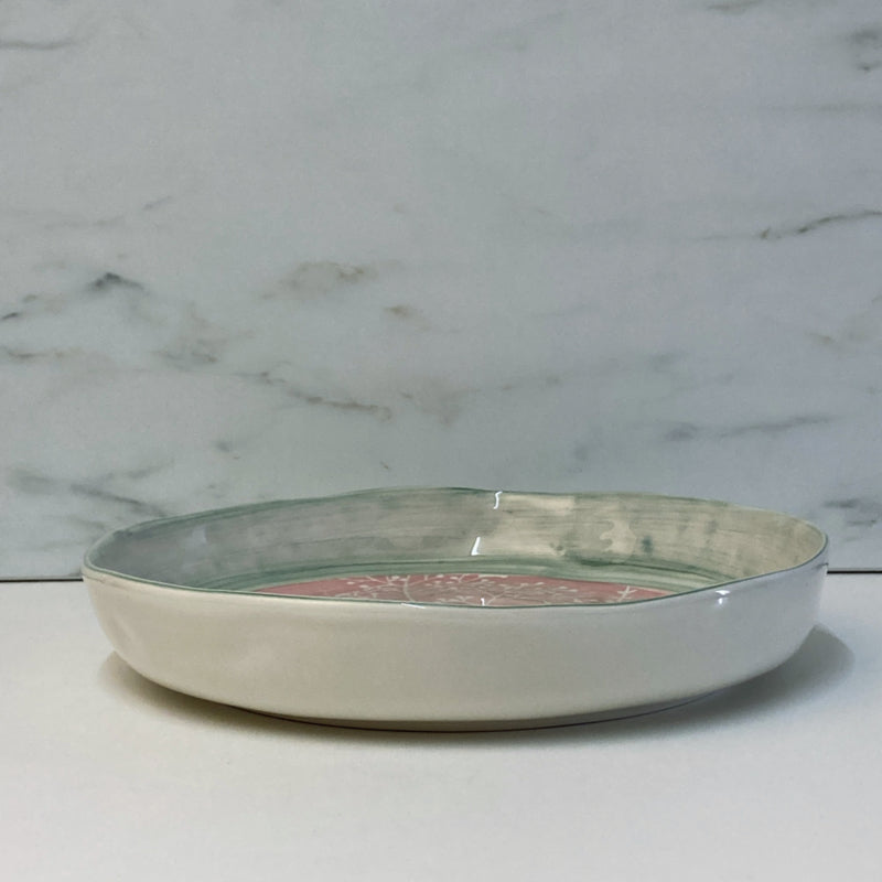 Duro Ceramics Bloom servies serveerschaal roze met groene rand 30 cm