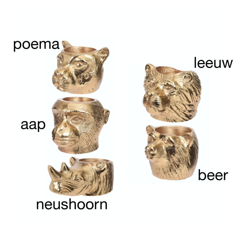 Goldfarbene Teelichthalter mit Tierköpfen: Affe, Bär, Puma, Löwe und Nashorn