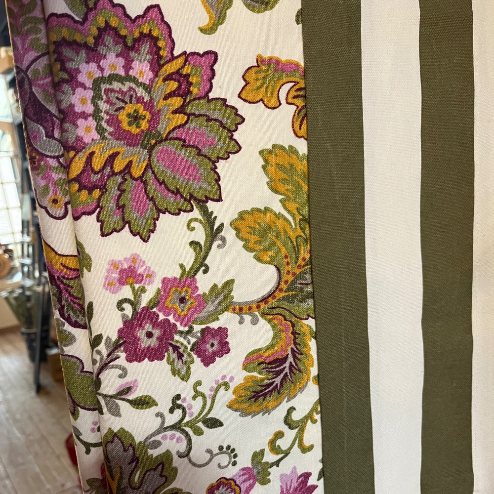 Eggy colorful floral (fuchsia, green, yellow) tablecloth with a striped border in army green | 130 x 310 cm