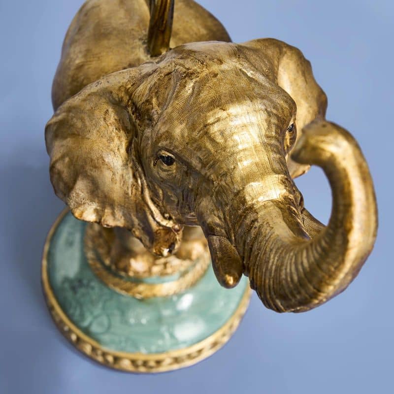 Kandelaar Olifant goud en turquoise, kunsthars en metaal 28 x 11 x 46,5 cm