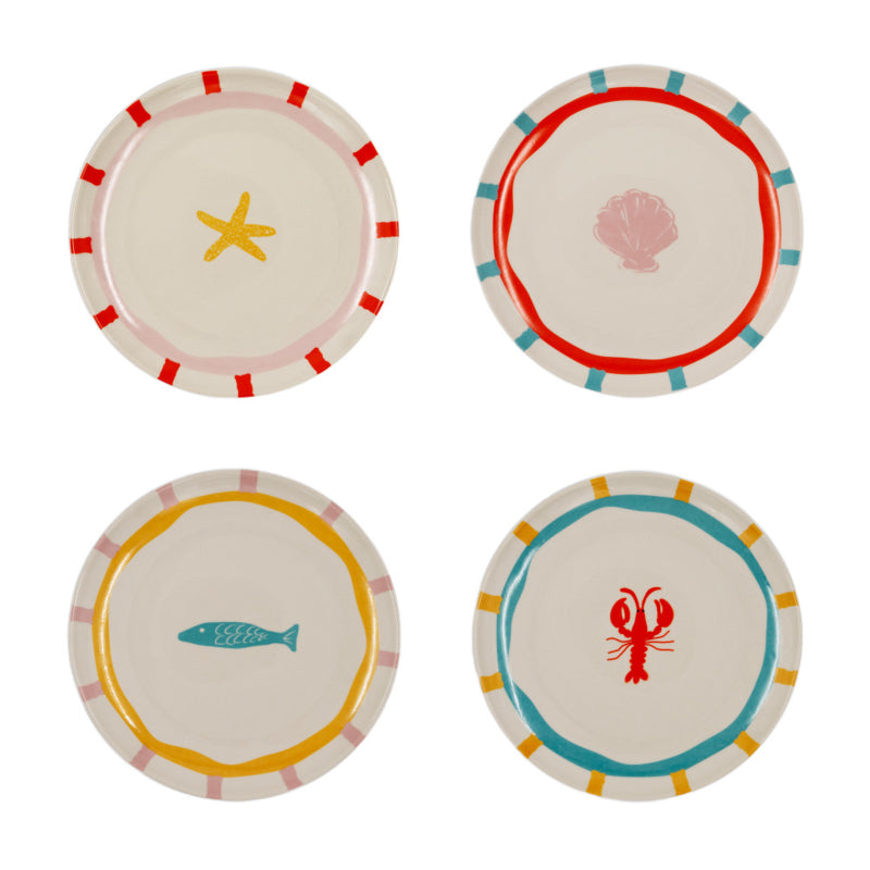 And Nook set van 4 ontbijtbordjes / saladebordjes 'Marine' (met kreeft, vis, schelp en zeester)