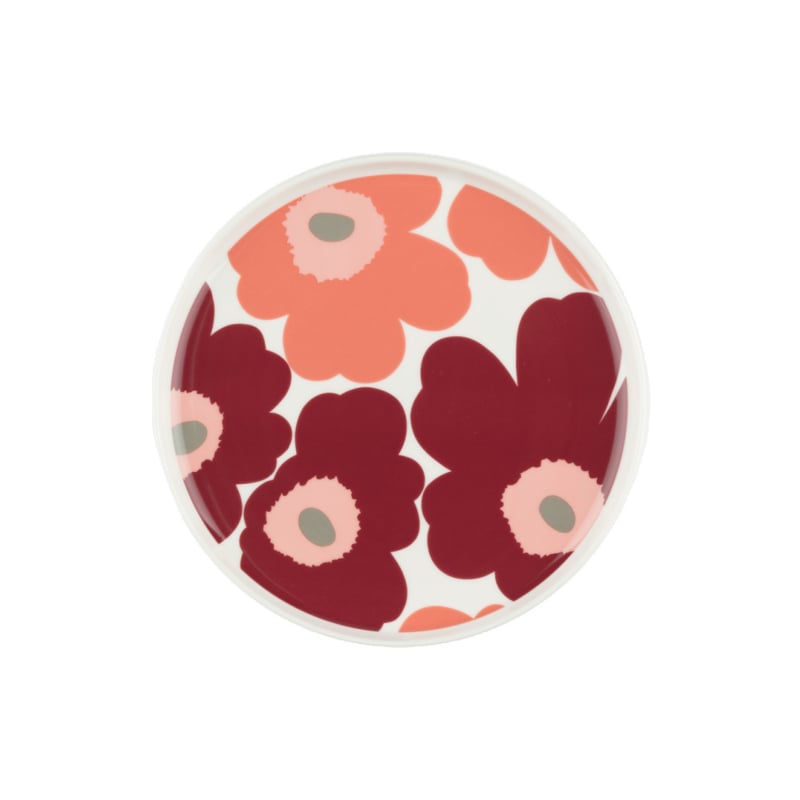 Marimekko Oiva breakfast plate Unikko dark red, coral, pink and gray | Ø 20 cm