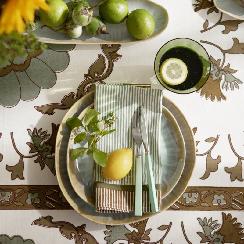 Bungalow block print cotton tablecloth Nomad Sage in off-white with green, gray, and olive | 150 x 250 cm