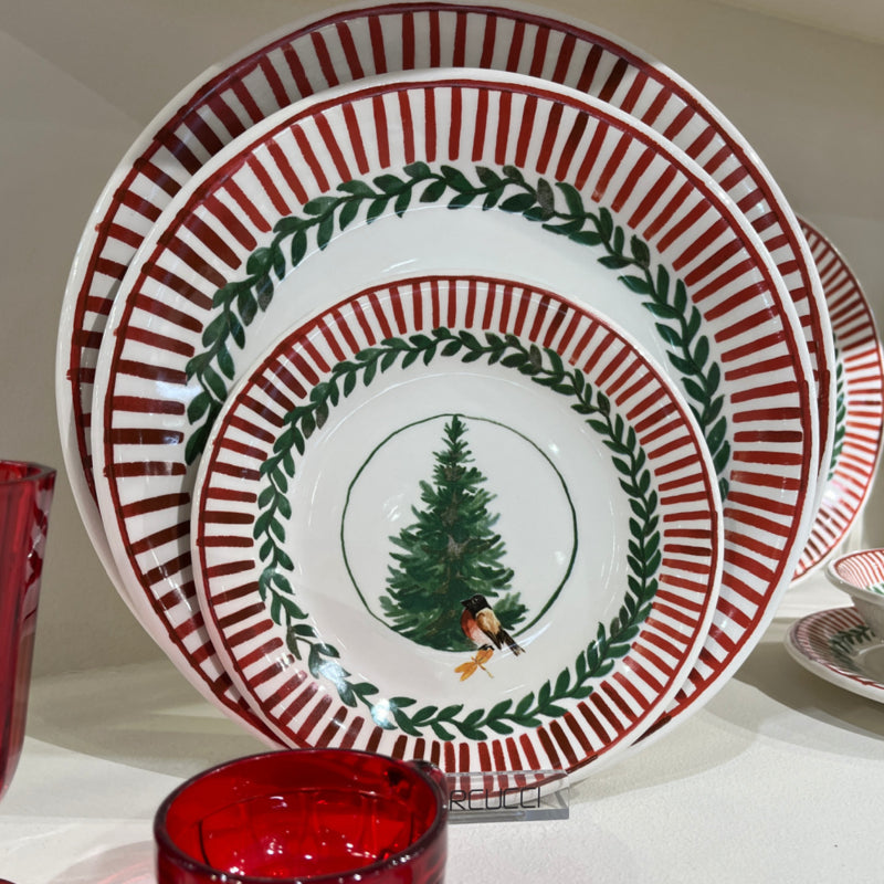 Arcucci 6er Set Speiseteller Ø 26 cm, Weihnachtsgeschirr Rosso Natale Weihnachtsbaum und Stieglitz