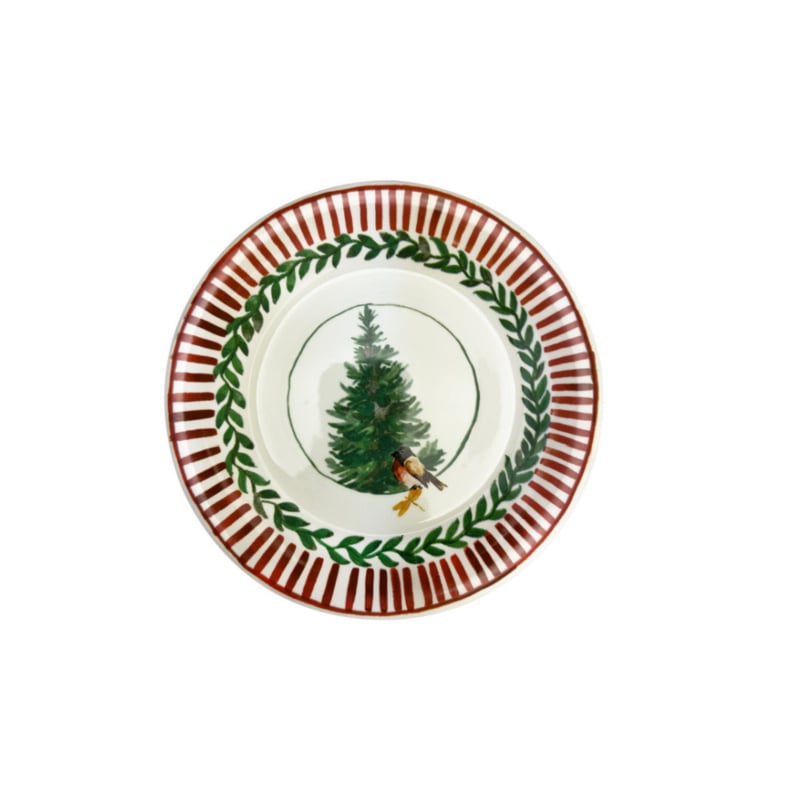 Set van 6 ontbijtbordjes Rosso Natale Kerstboom en Goudvink | Ø 20 cm