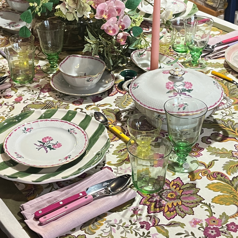 Eggy colorful floral (fuchsia, green, yellow) tablecloth with a striped border in army green | 130 x 310 cm