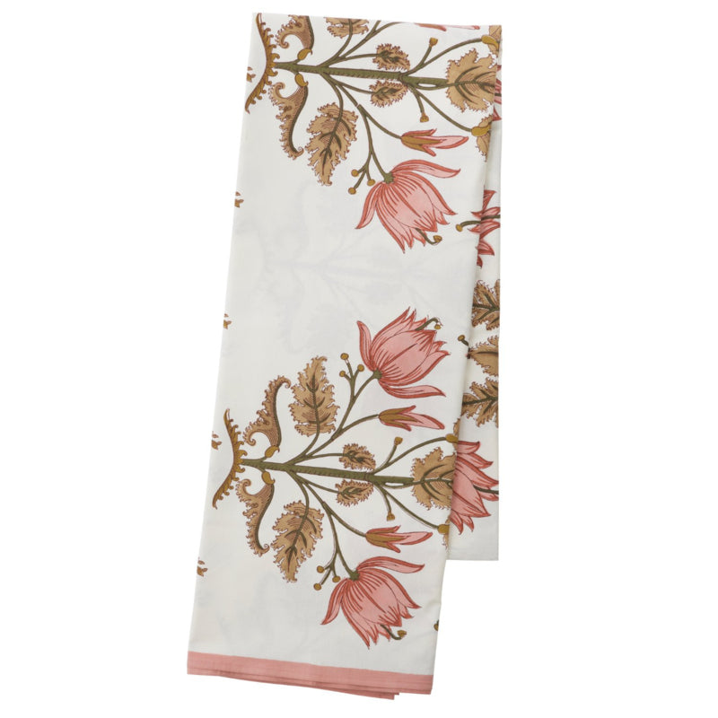 Bungalow cotton block print tablecloth Flora Rose, off-white with shades of pink, olive, and gold brown | 170 x 300 cm