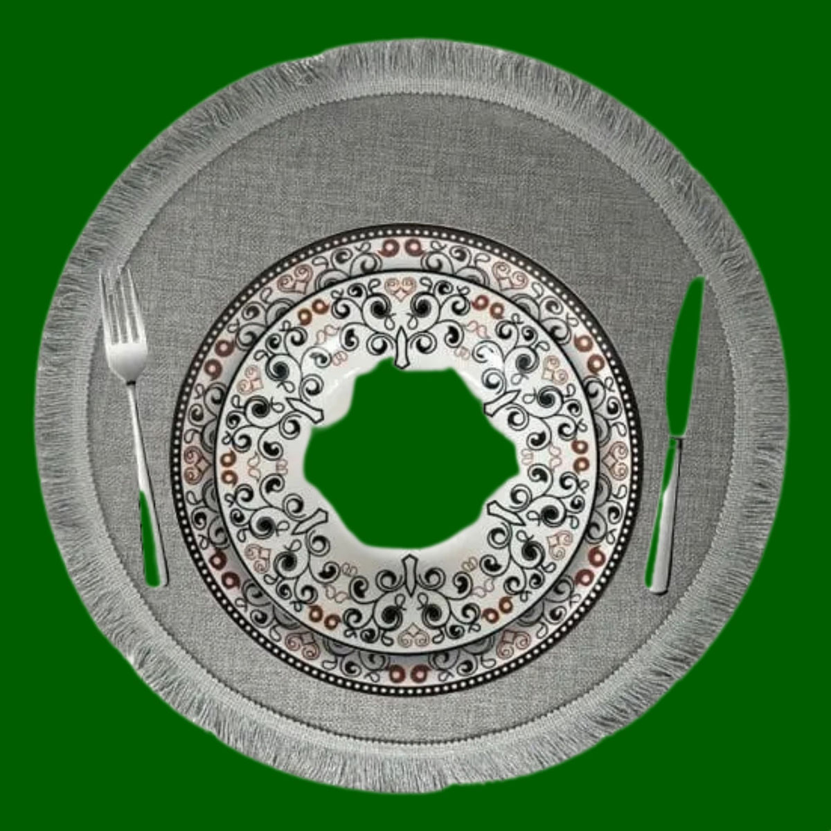 Arca solid round placemats with subtle fringe. Choose from green, orange, brown, denim, dark blue, grey, anthracite