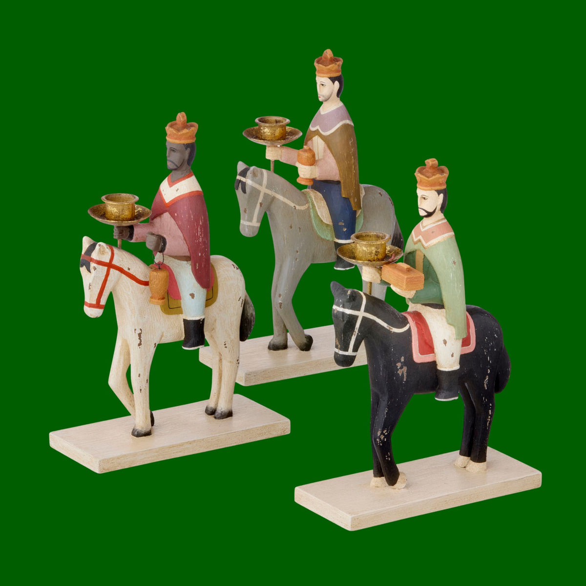 Bungalow KERST Drie Koningen, set van 3 kandelaars van de koningen te paard (Rook/Pastel)