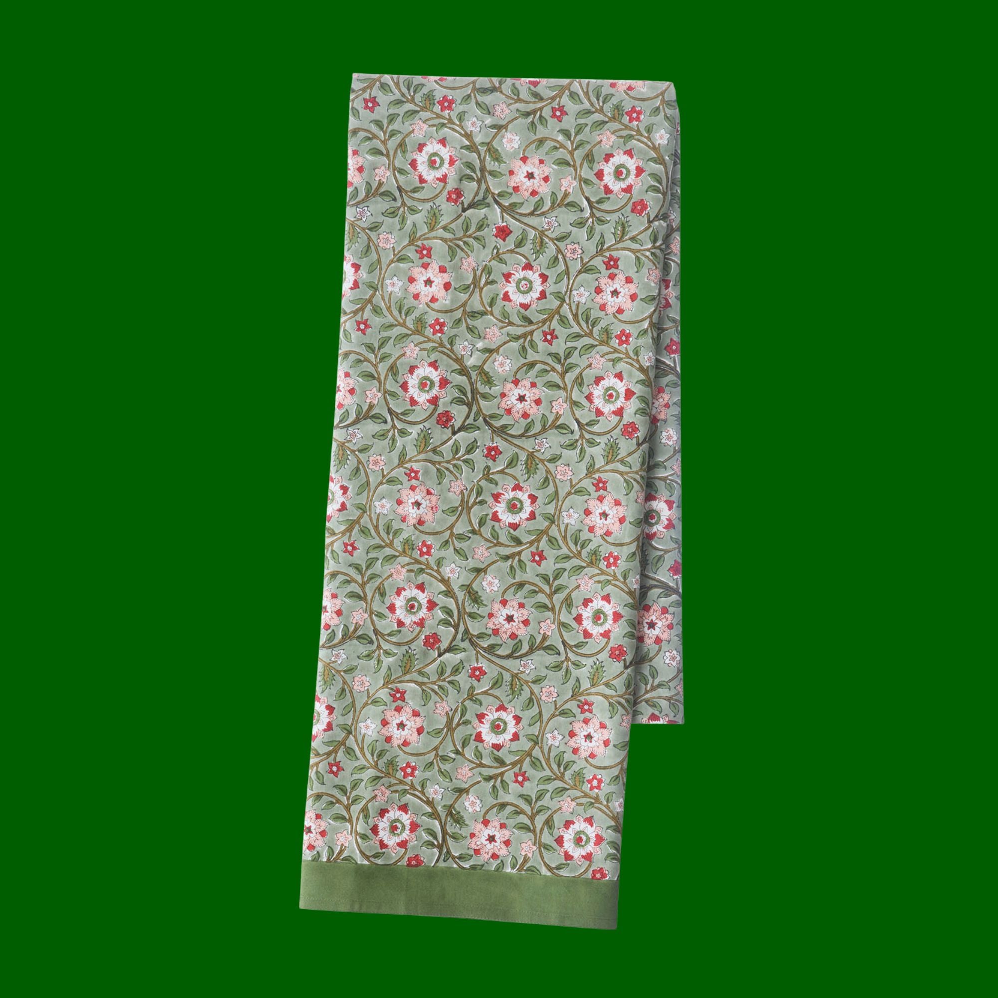 Bungalow Blokprint tafelkleed Roja Fern met groen, wit en rood | 170 x350 cm