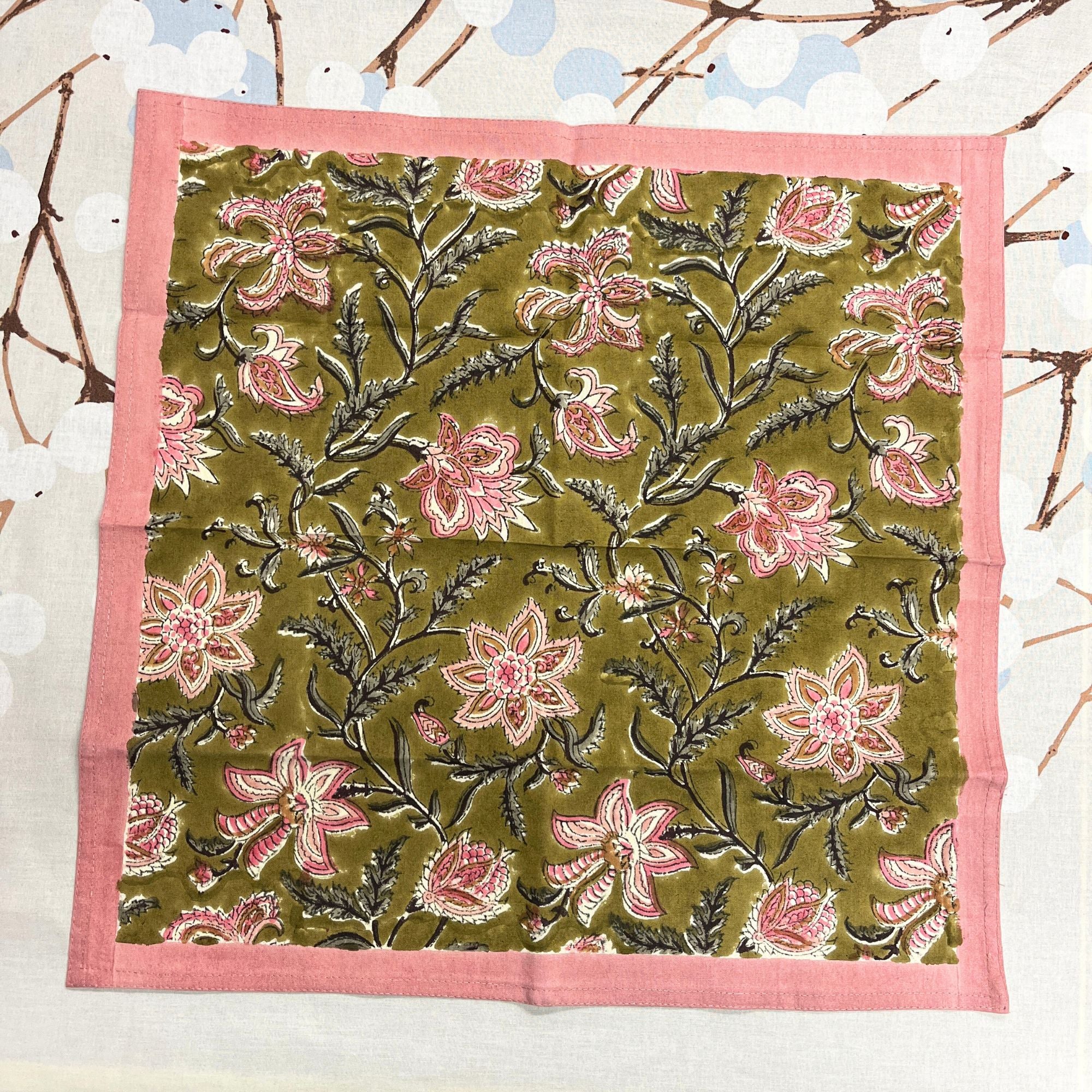 Bungalow katoenen servet 45 x 45 cm Monsoon Olive, set van 4 stuks