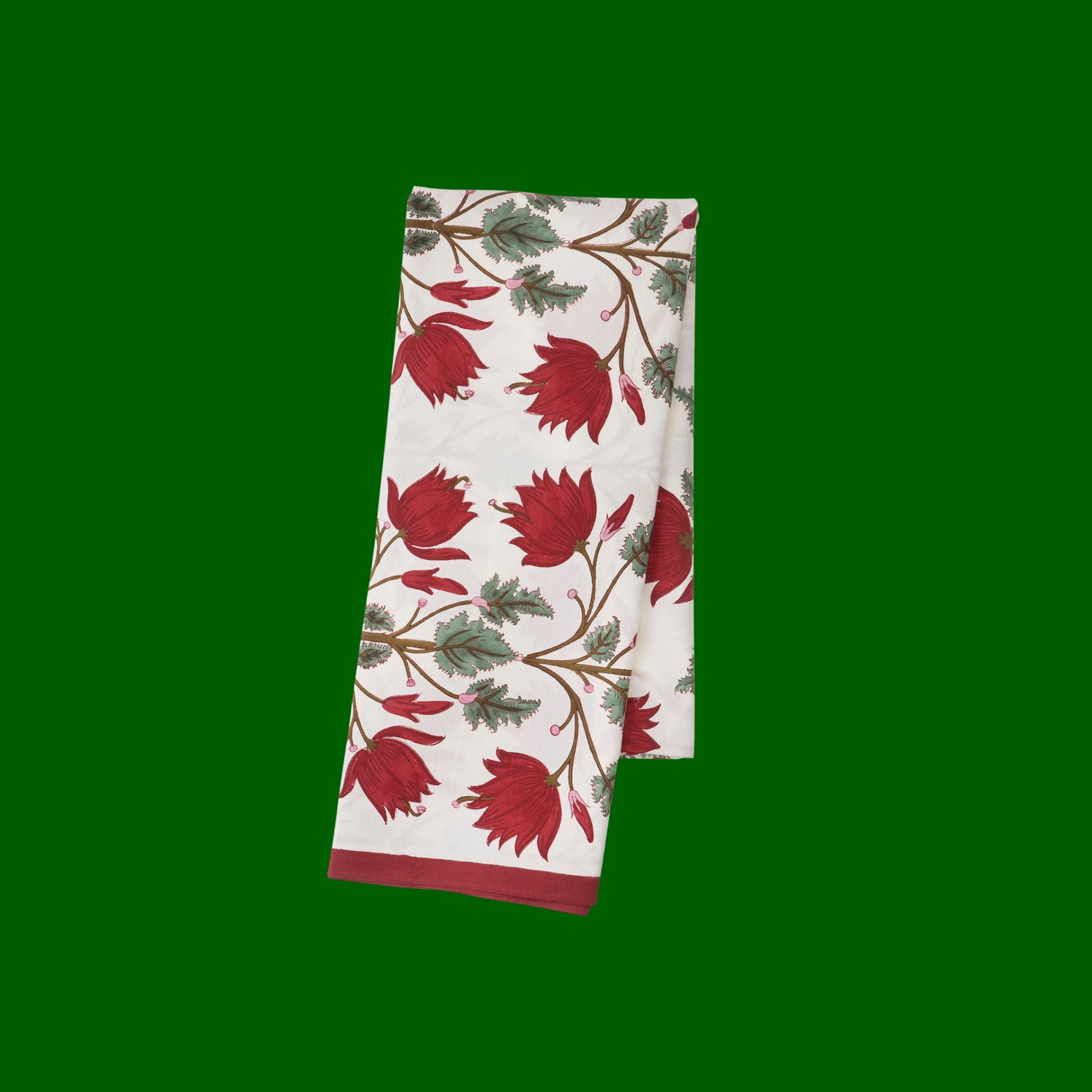 Bungalow Flora Scarlet, katoenen blokprint tafelkleed, gebroken wit met rood en roze, olijf en goudbruin | 170 x 300 cm