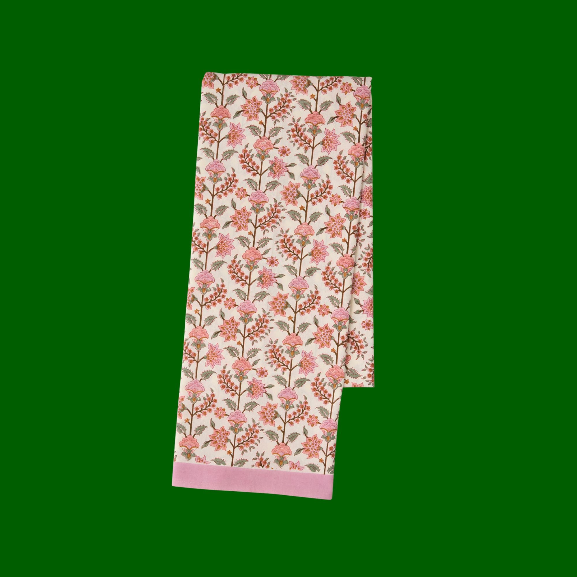 Gita Sorbet blokprint tafelkleed Bungalow, katoen met roze en lichtgroen | 1.50 x 2,50 m