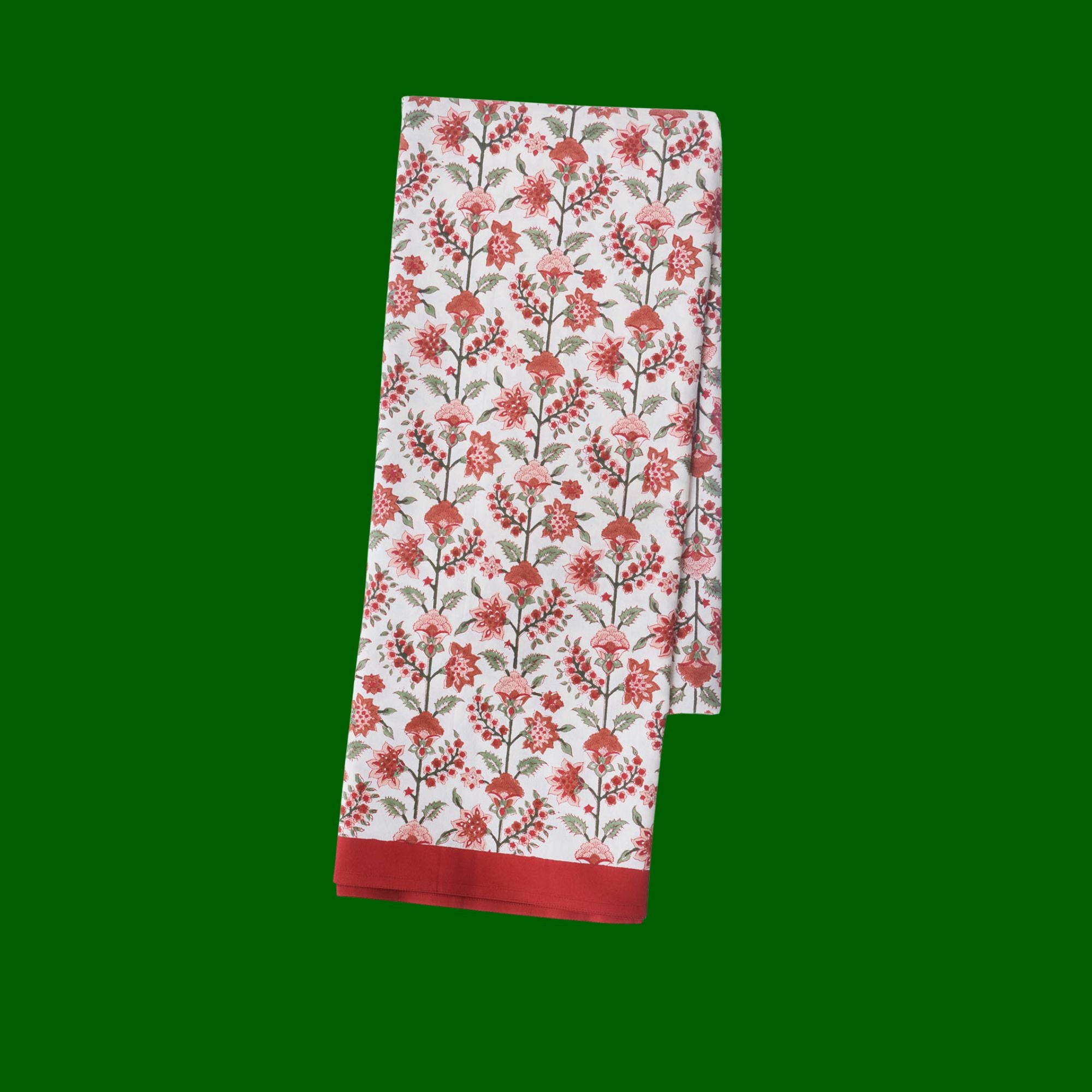 Gita Ruby blokprint tafelkleed Bungalow, katoen met rood, koraal en lichtgroen | 1.50 x 2,50 m