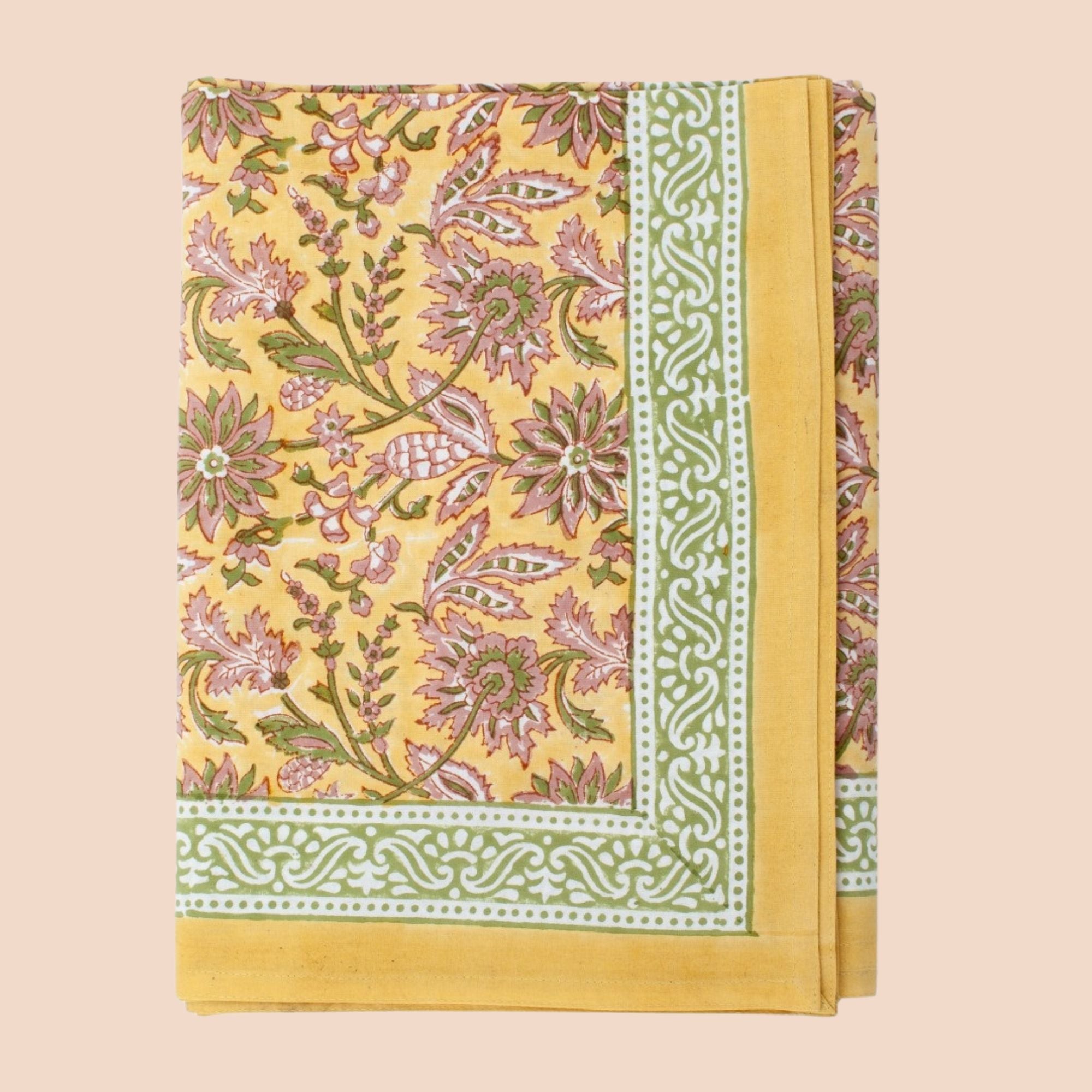 Chamois groot (paas)tafelkleed, blokprint in kurkuma geel roze en groen | 150 x 350 cm