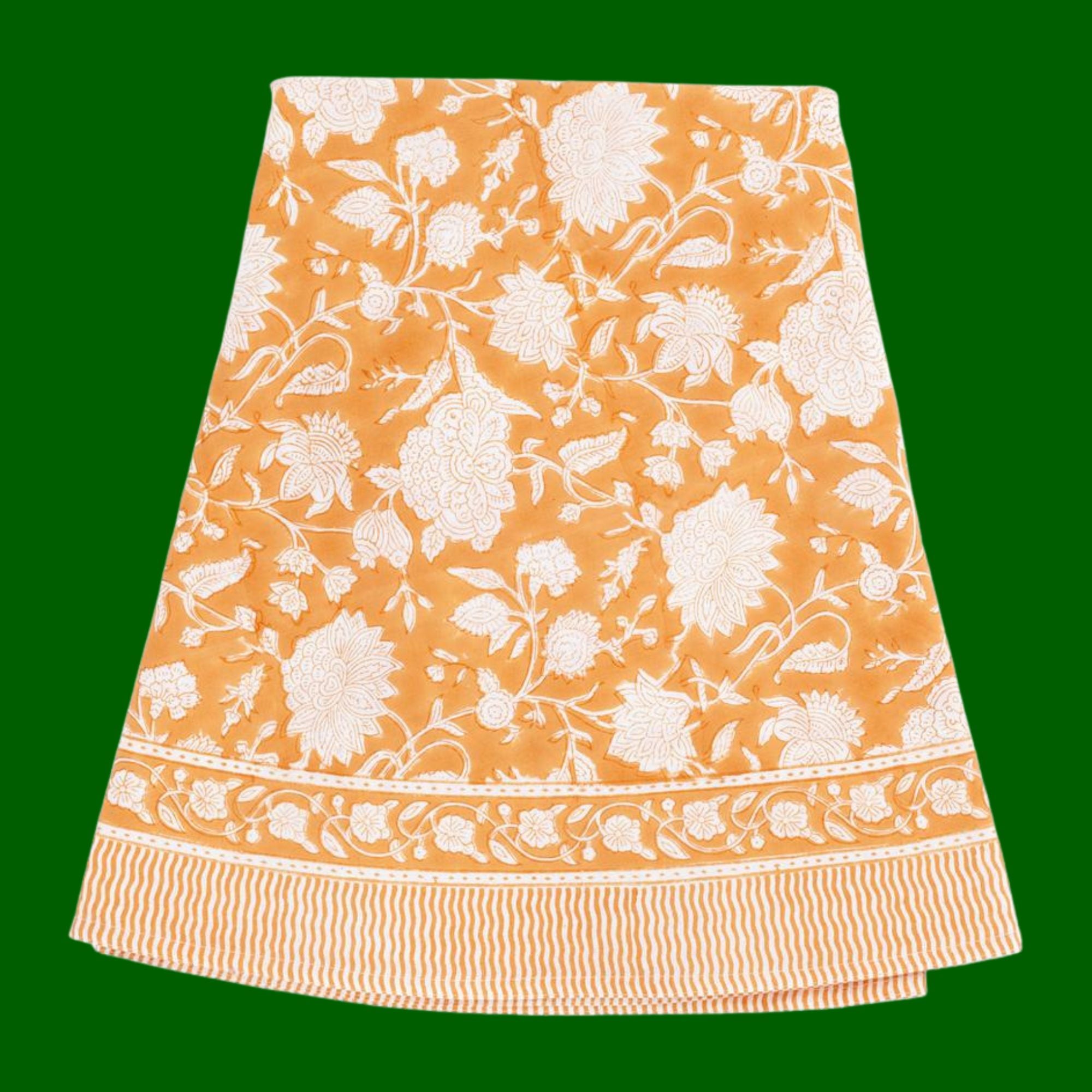 Chamois groot rond tafelkleed, licht oranje Indian Rose blokprint op witte basis | Ø 220 cm