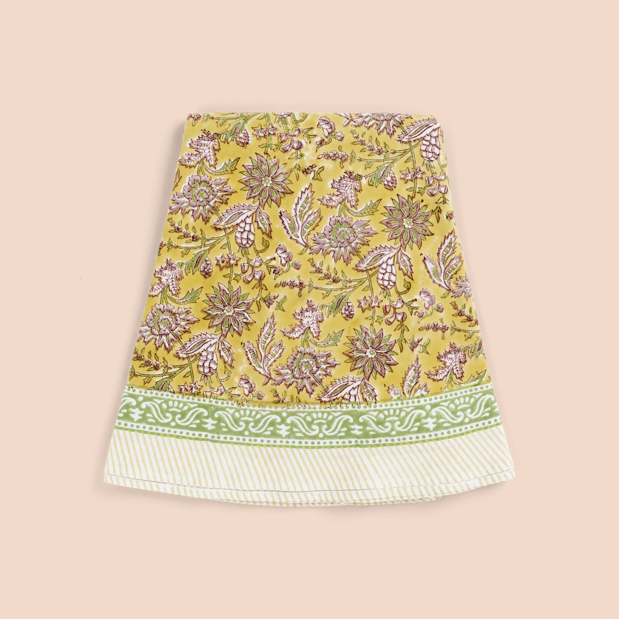 Chamois rond (paas)tafelkleed, blokprint in pasteltinten geel roze en groen | Ø 220 cm