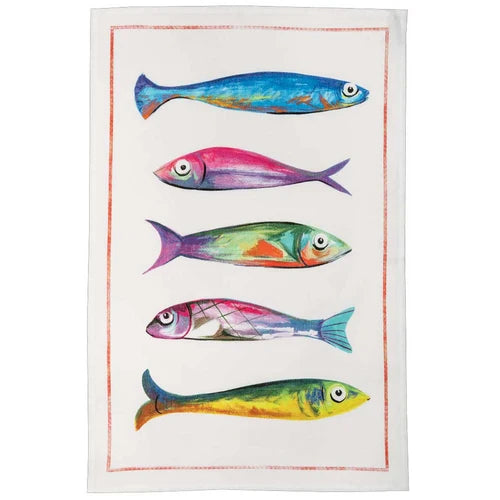 Linnen theedoeken Poisson Bleu met 5 vissen, Tessitura Toscana Telerie| 50 x 70 cm