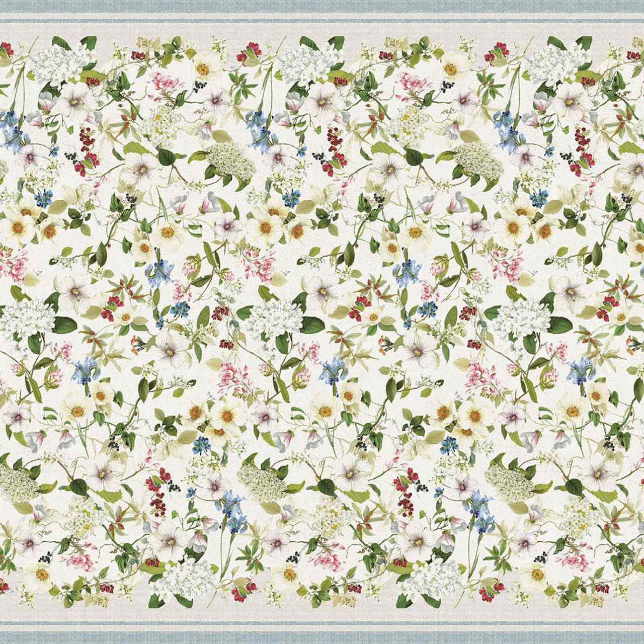 Linnen sprei (of tafelkleed) Ibisco met witte en gekleurde bloemen op greige. Kies 180 of 270 cm breed