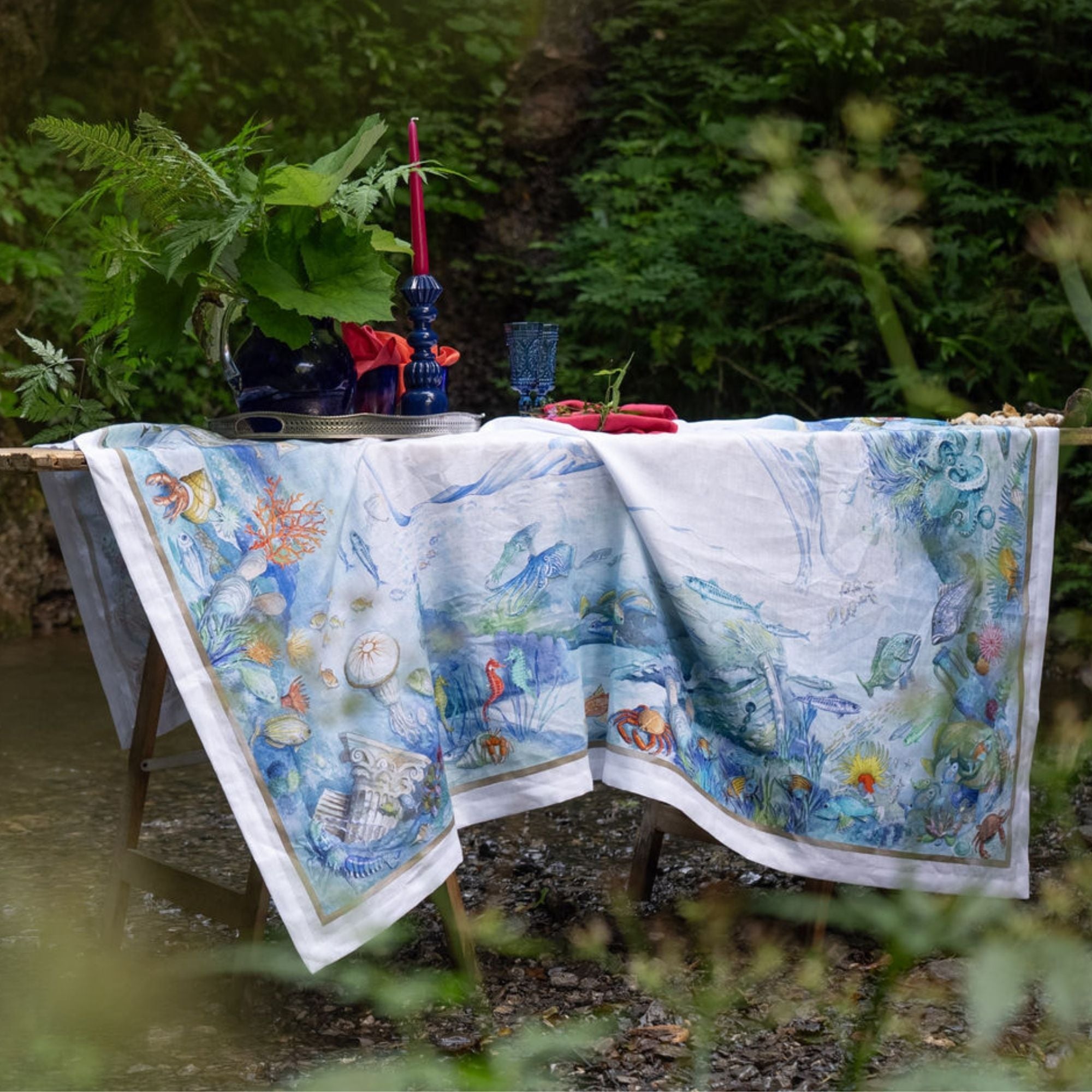 Isuela linen table runner and tablecloths 'seascape' with hidden treasures, fish etc., choose your size (copy) (copy)