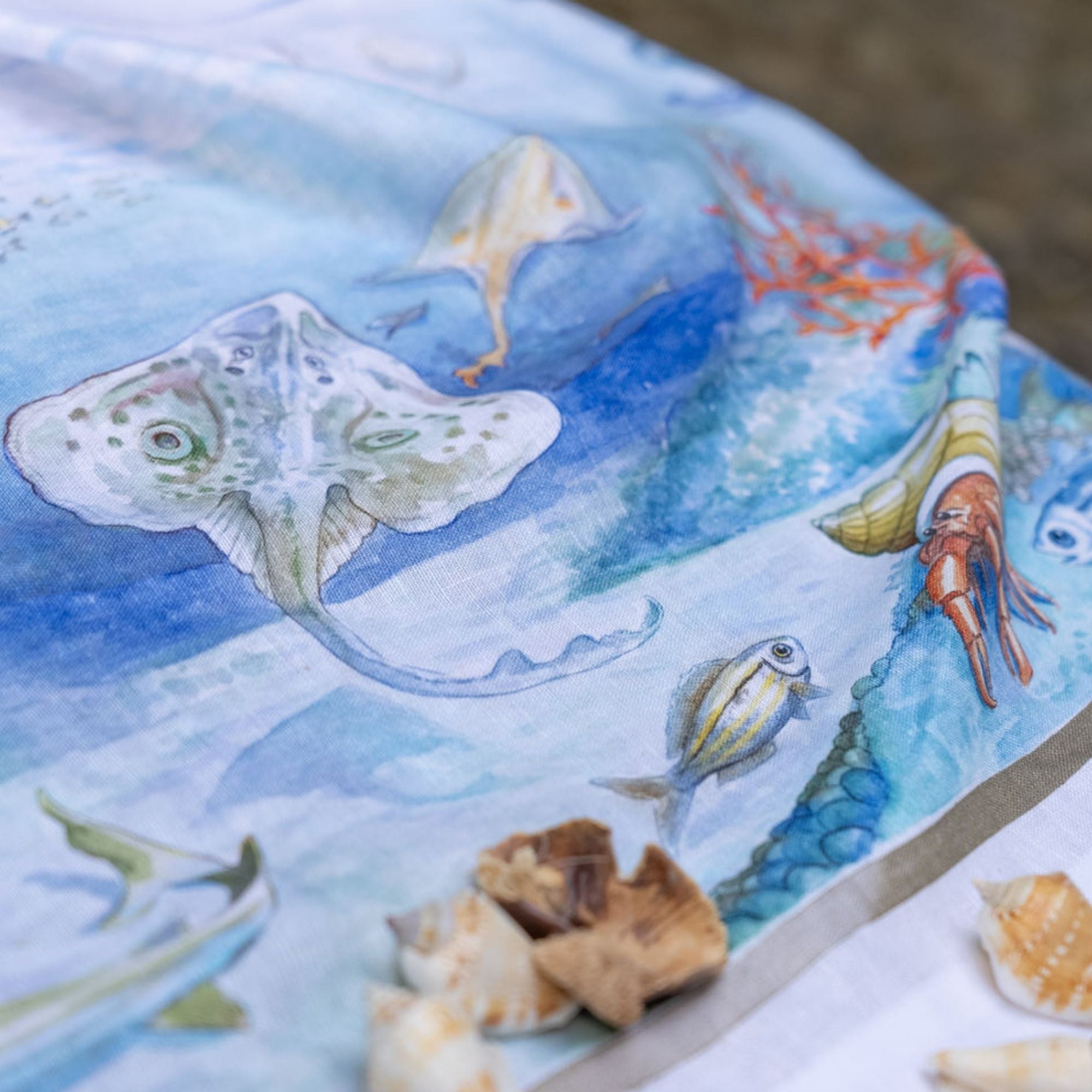 Isuela linen table runner and tablecloths 'seascape' with hidden treasures, fish etc., choose your size (copy) (copy)