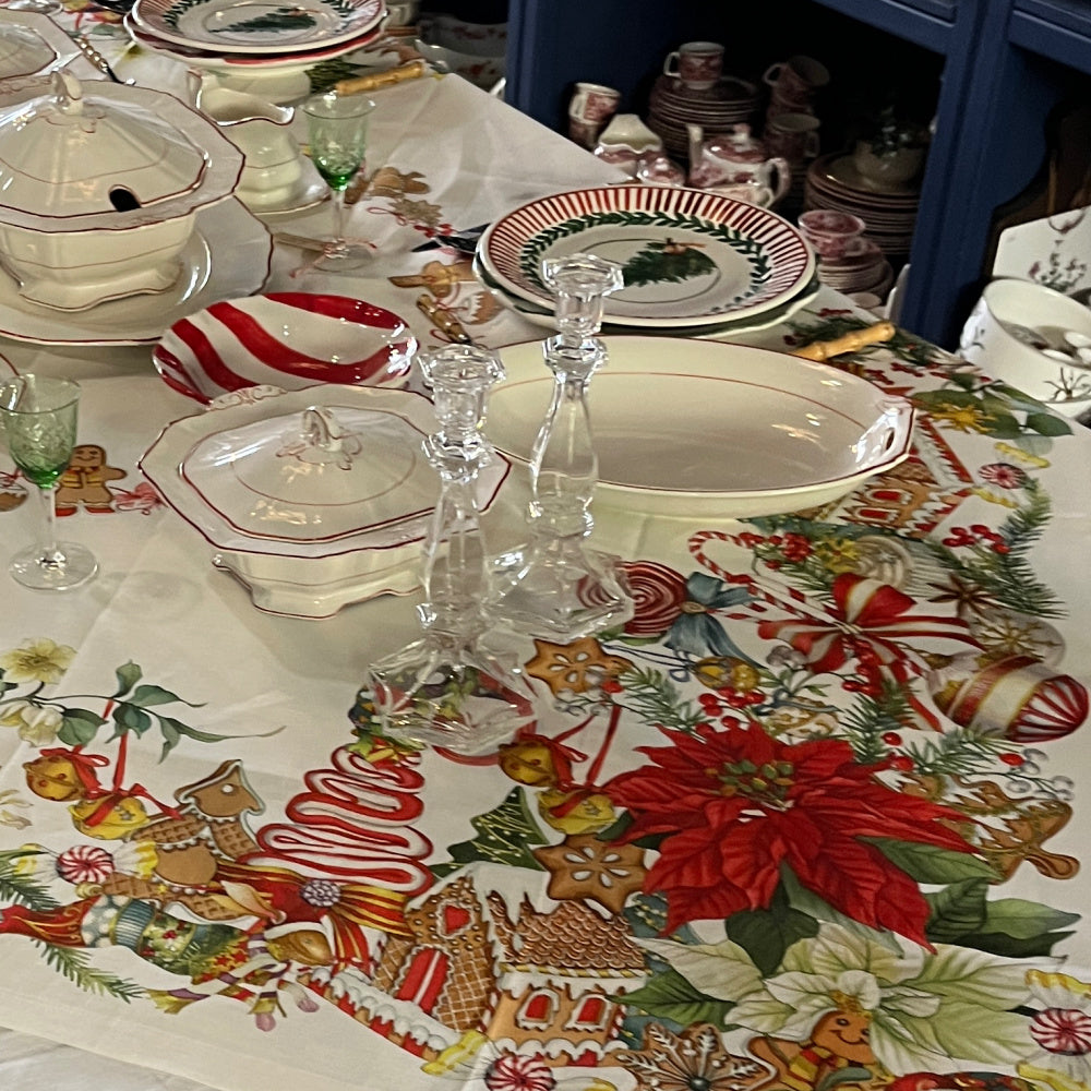 Marzapepe Kersttafelkleed, loper en servetten met peperkoekmannetjes en andere kerstvrolijkheid, linnen, kies je formaat, kies je maat