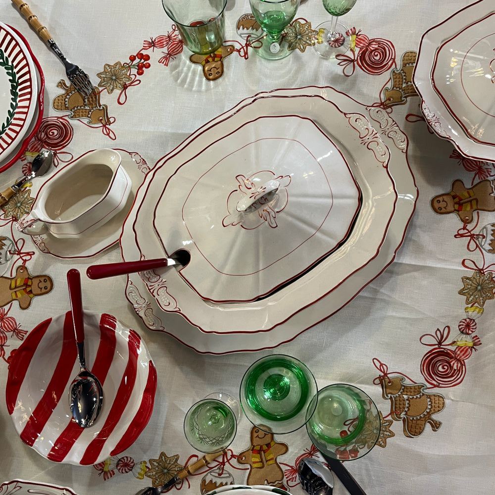 Marzapepe Kersttafelkleed, loper en servetten met peperkoekmannetjes en andere kerstvrolijkheid, linnen, kies je formaat, kies je maat