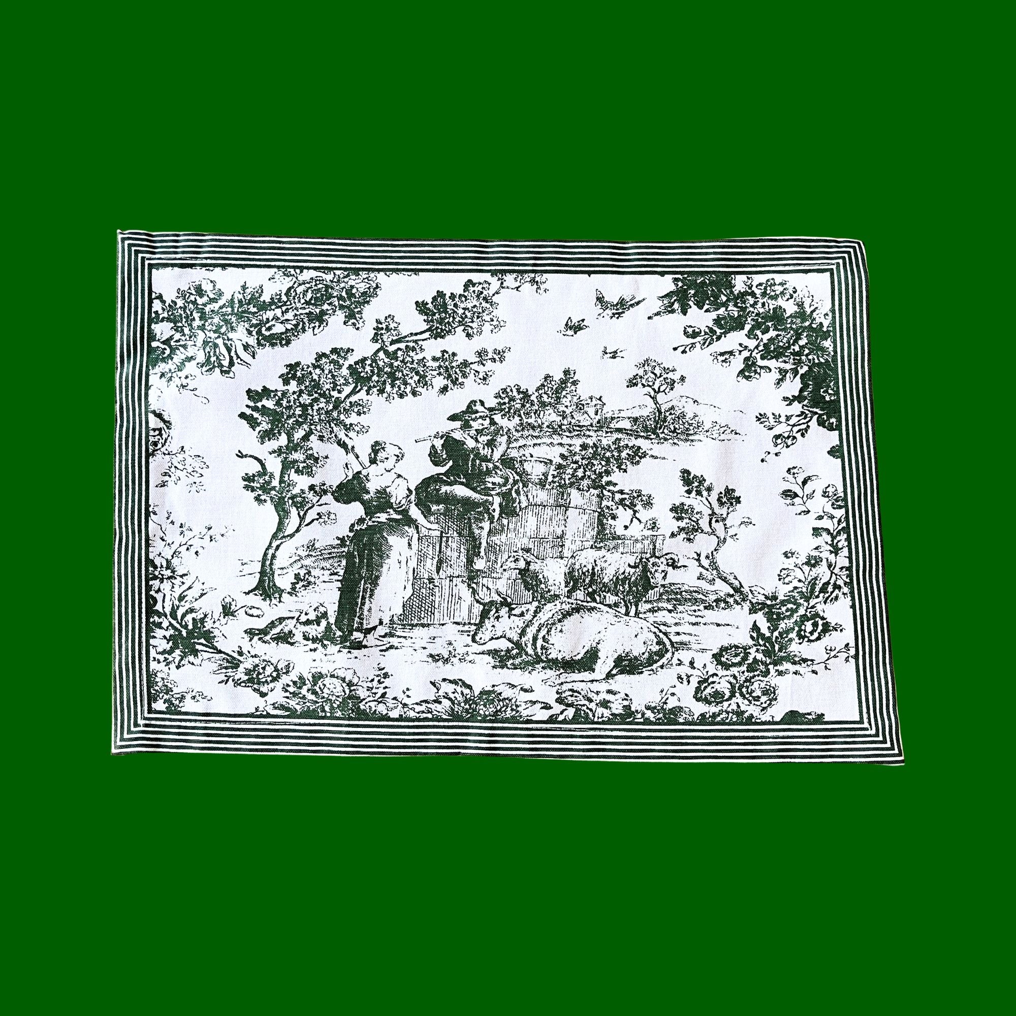 Toile de Jouy placemat van katoen kies uit donkergroen, rood, roze, lichtblauw | 50 x 34 cm