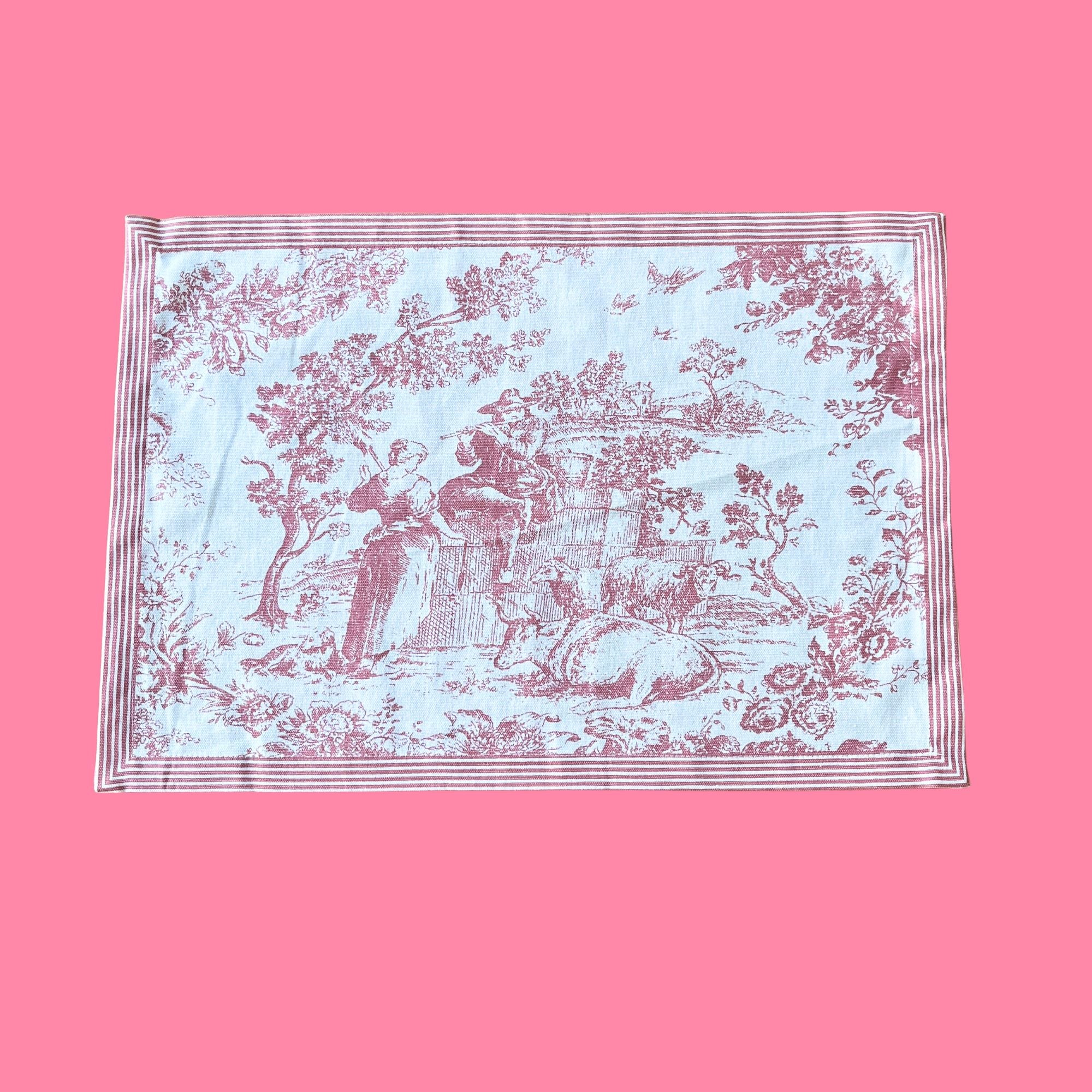 Toile de Jouy placemat van katoen kies uit donkergroen, rood, roze, lichtblauw | 50 x 34 cm