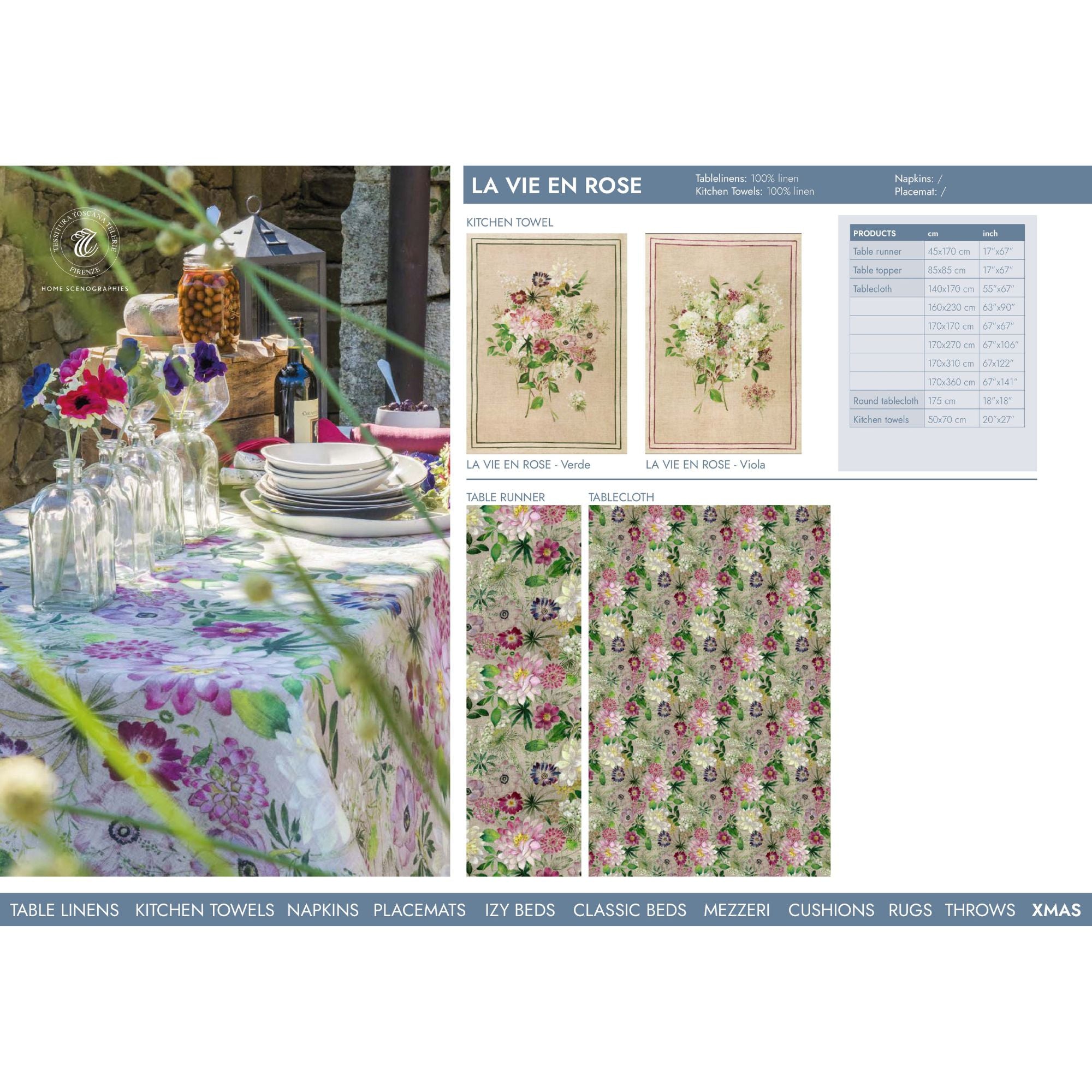 Linnen tafelkleed La Vie en Rose met bloeiende rozen, kies je formaat (ook rond, tafelloper en servetten)