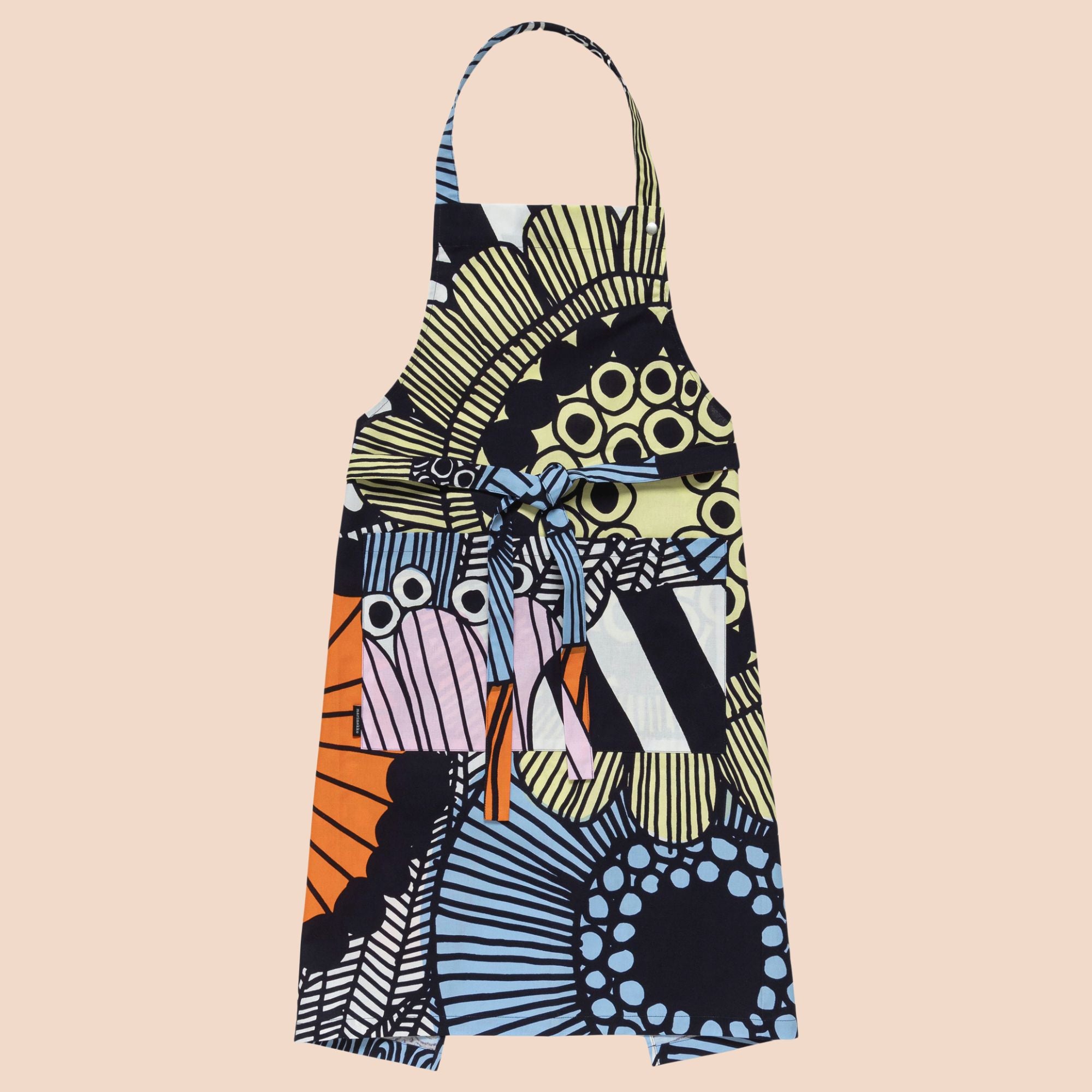 Marimekko schort Siirtolapuutarha met donkerblauw en wit, oranje, geel, lavendel