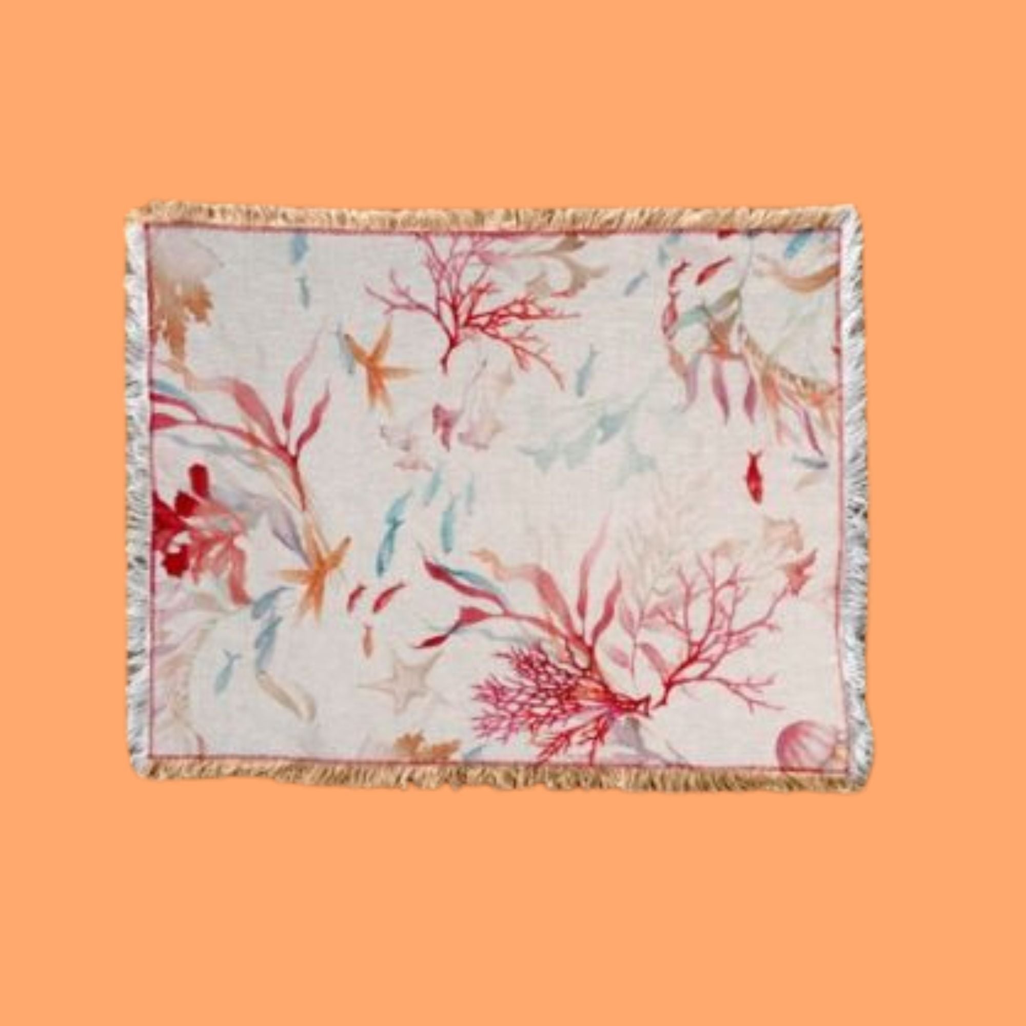 Linnen tafelkleed Ondiva met koraal, visjes, kwallen etc, kies je formaat (ook rond, tafelloper, placemats en servetten)