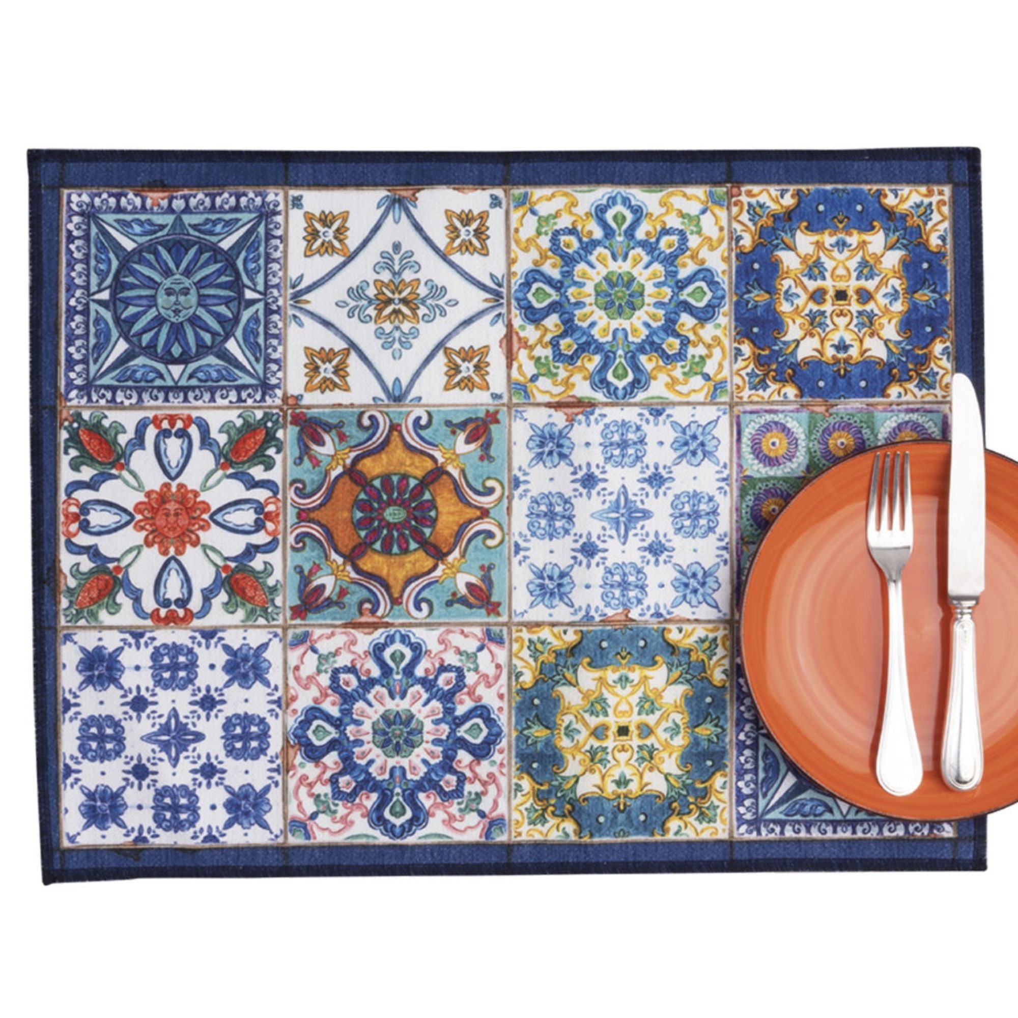 Placemats Camastra met 'tegeltjes' in blauwtinten, set van 2 in een tasje, Tessitura Toscana Telerie