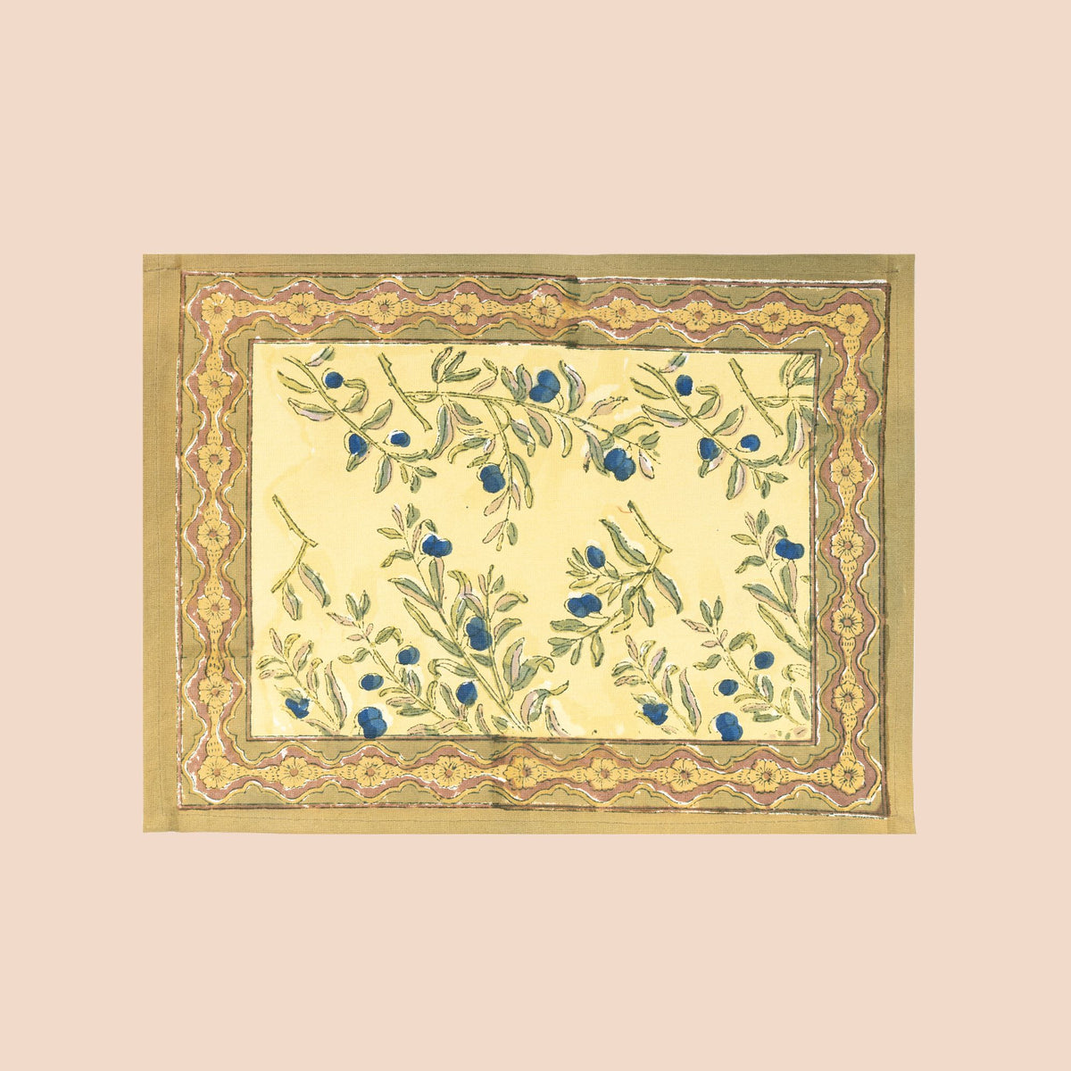 Tafellinnen Olijfboom zachtgeel/hardblauw van Couleur Nature katoenen blokprints | kies je formaat
