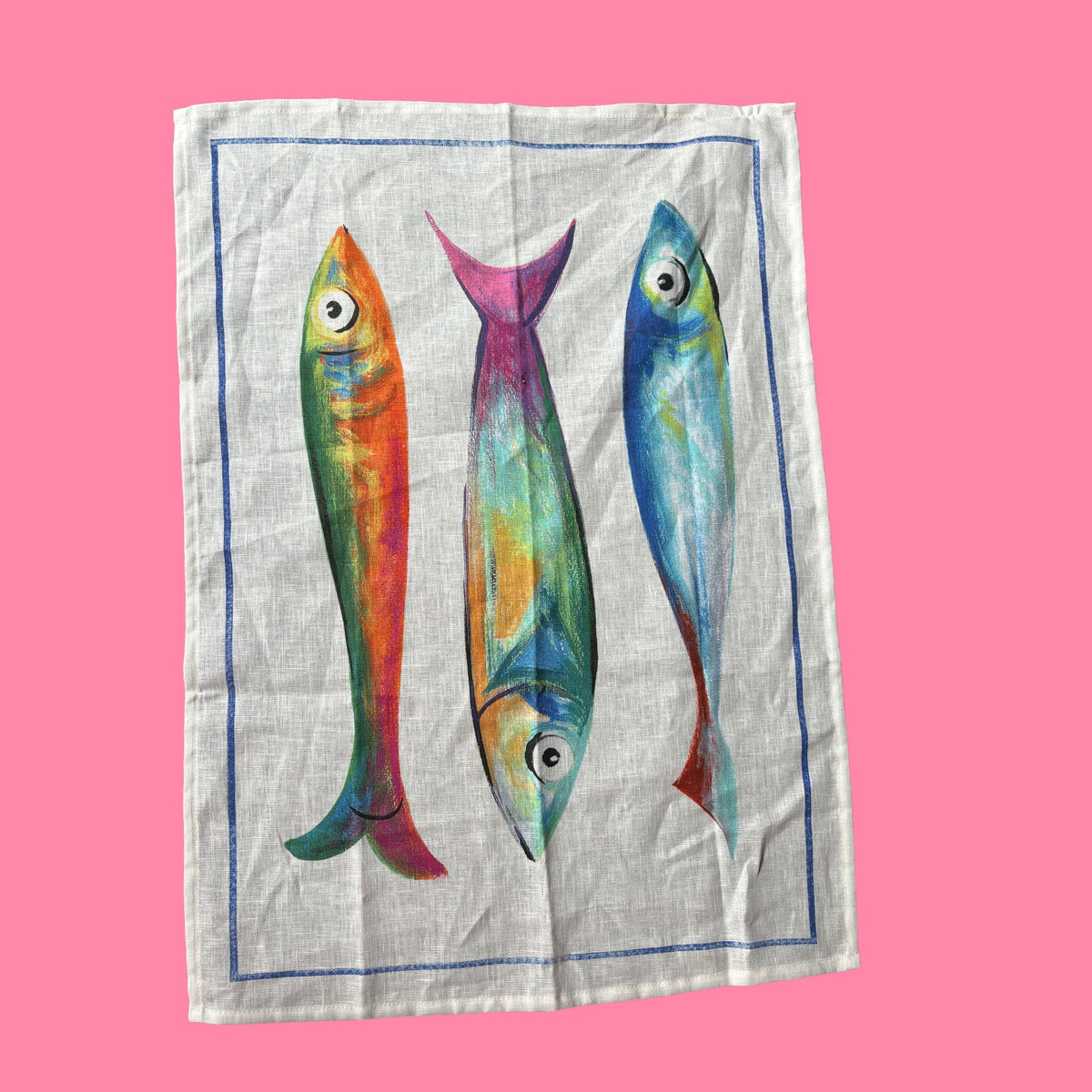 Linnen theedoeken Poisson Bleu met 3 vissen, Tessitura Toscana Telerie| 50 x 70 cm