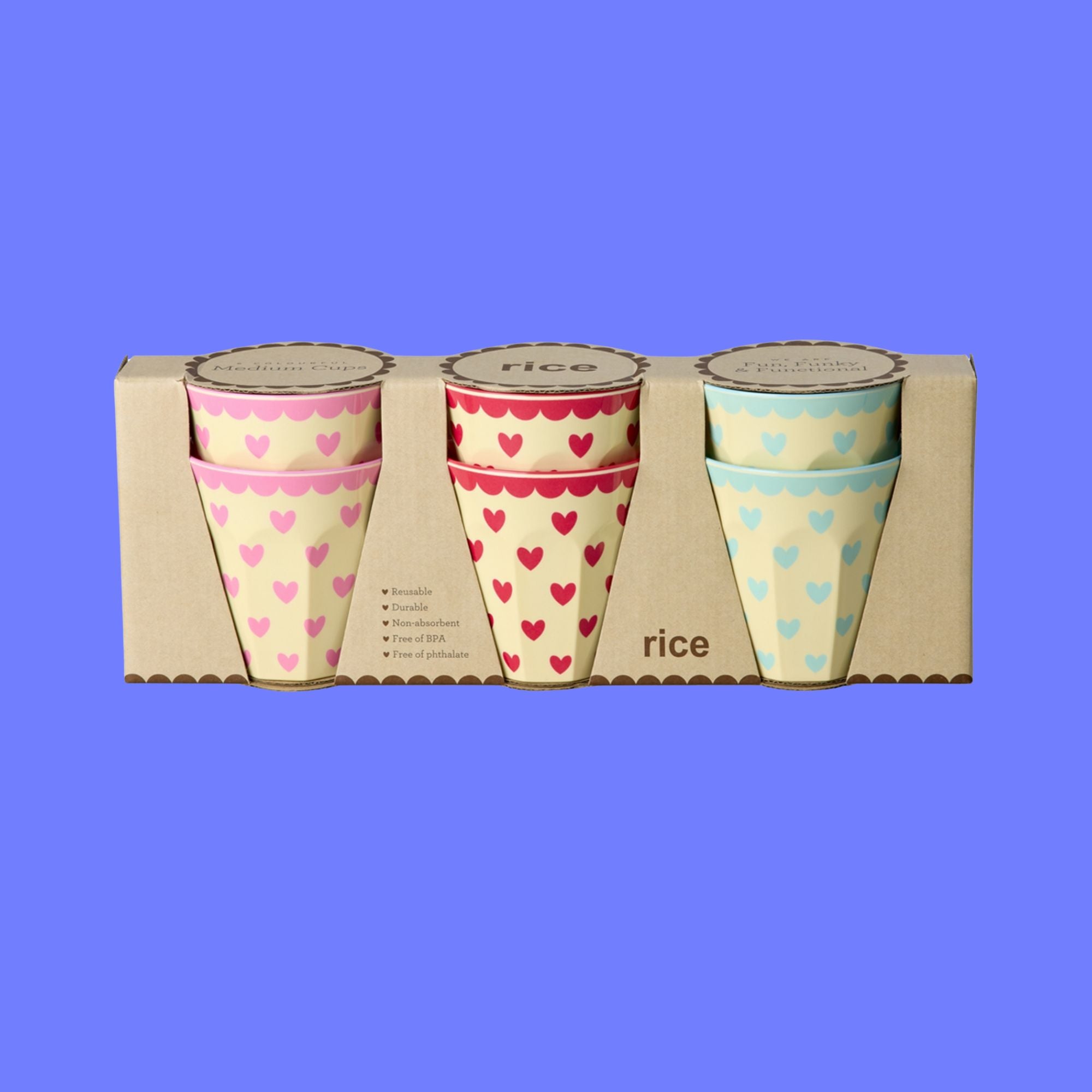 Rice melamine bekers met 'favorite hearts' in 3 kleuren, set van 6 | 250 ml