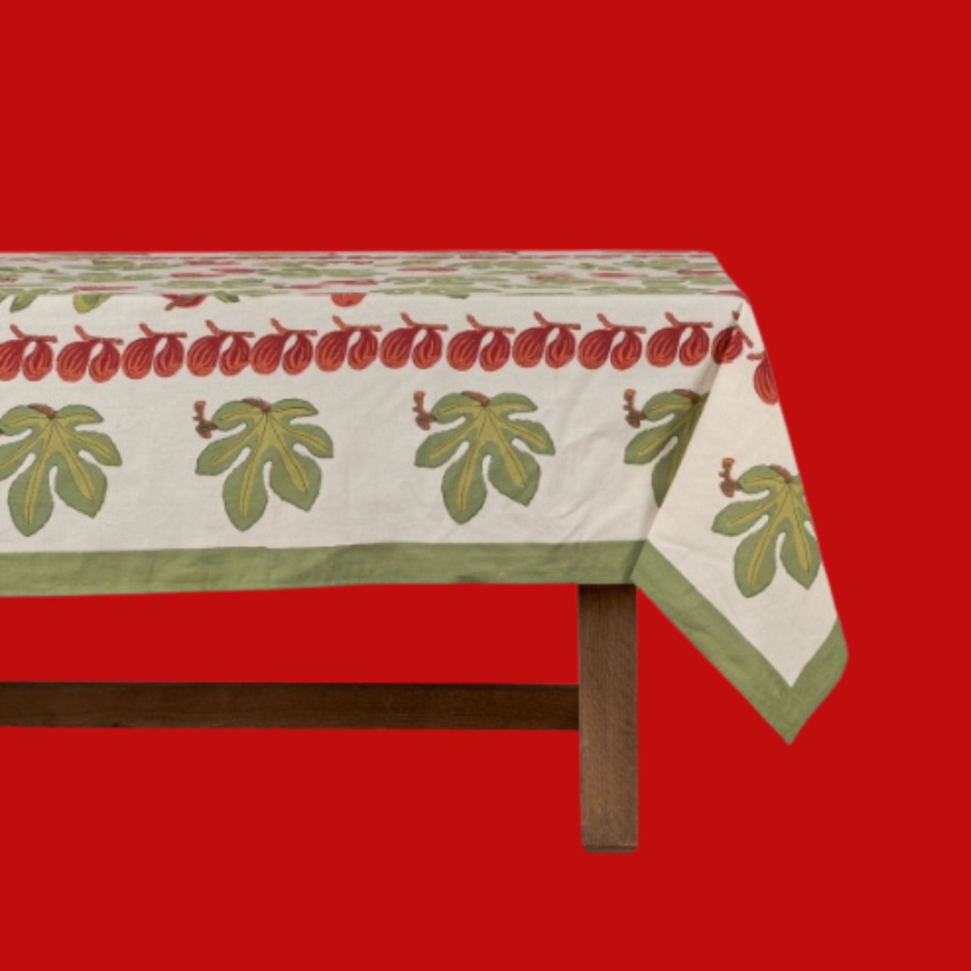 Tafellinnen Vijgen in rood/groen van Couleur Nature katoenen blokprints | kies je formaat