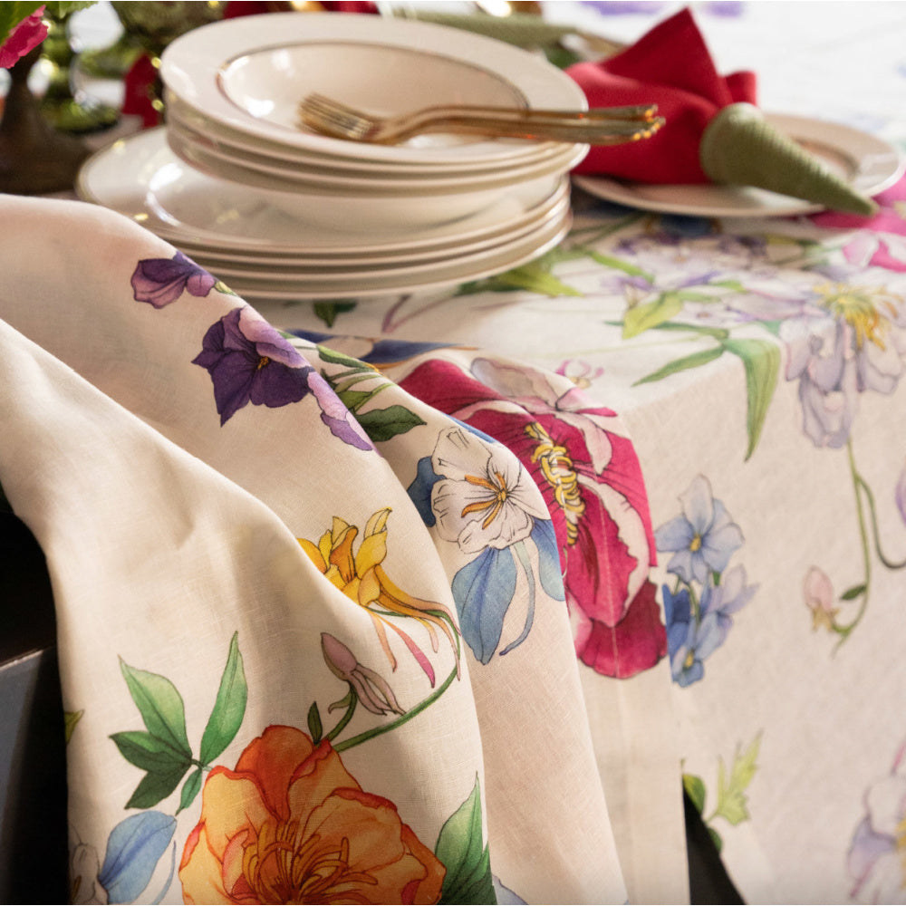 Linnen tafelkleed Antea met felgekleurde grote bloemen, kies je formaat (ook rond en als tafelloper)