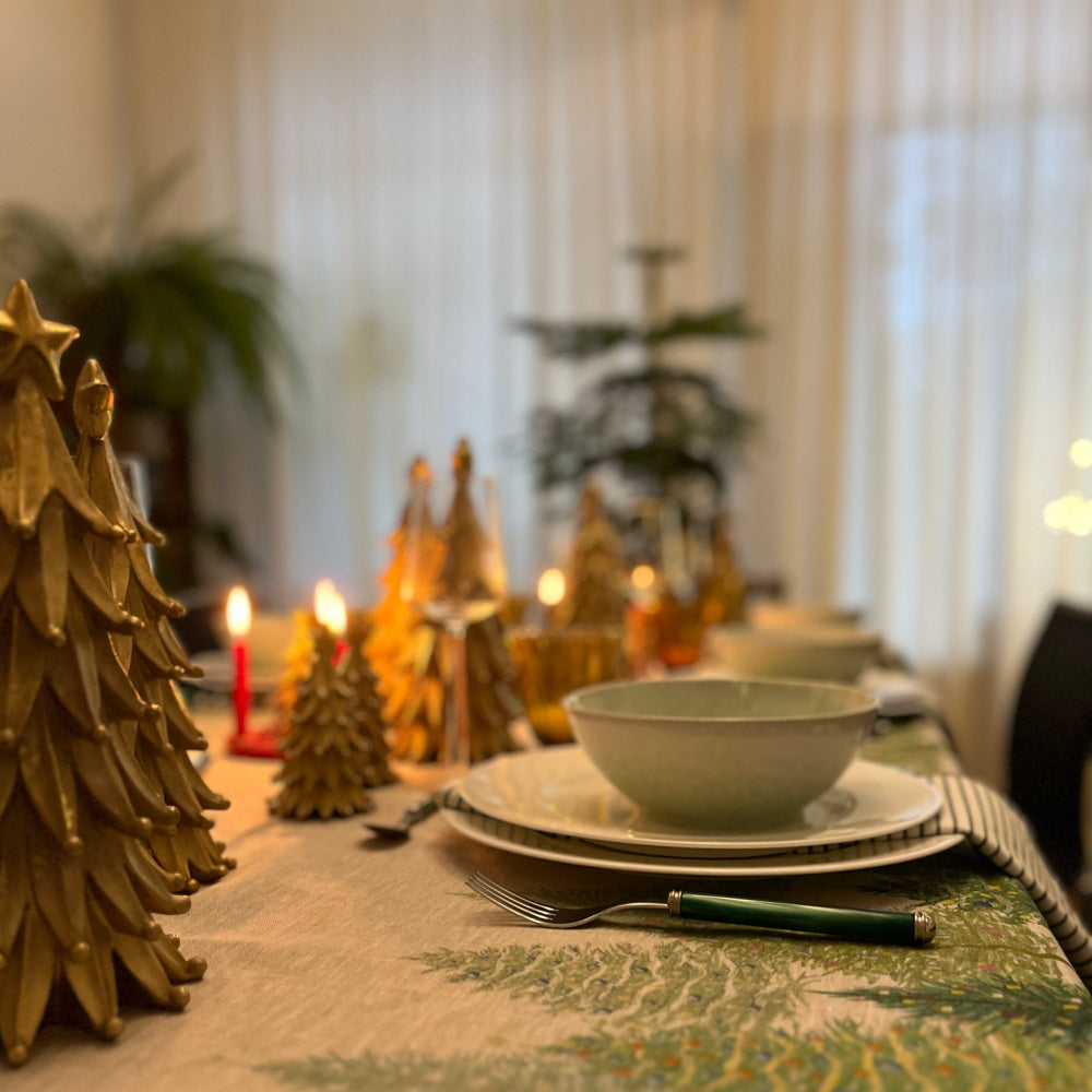 Fairy Trees linnen kersttafelkleed en loper met magisch mooi versierde kerstbomen, kies je formaat