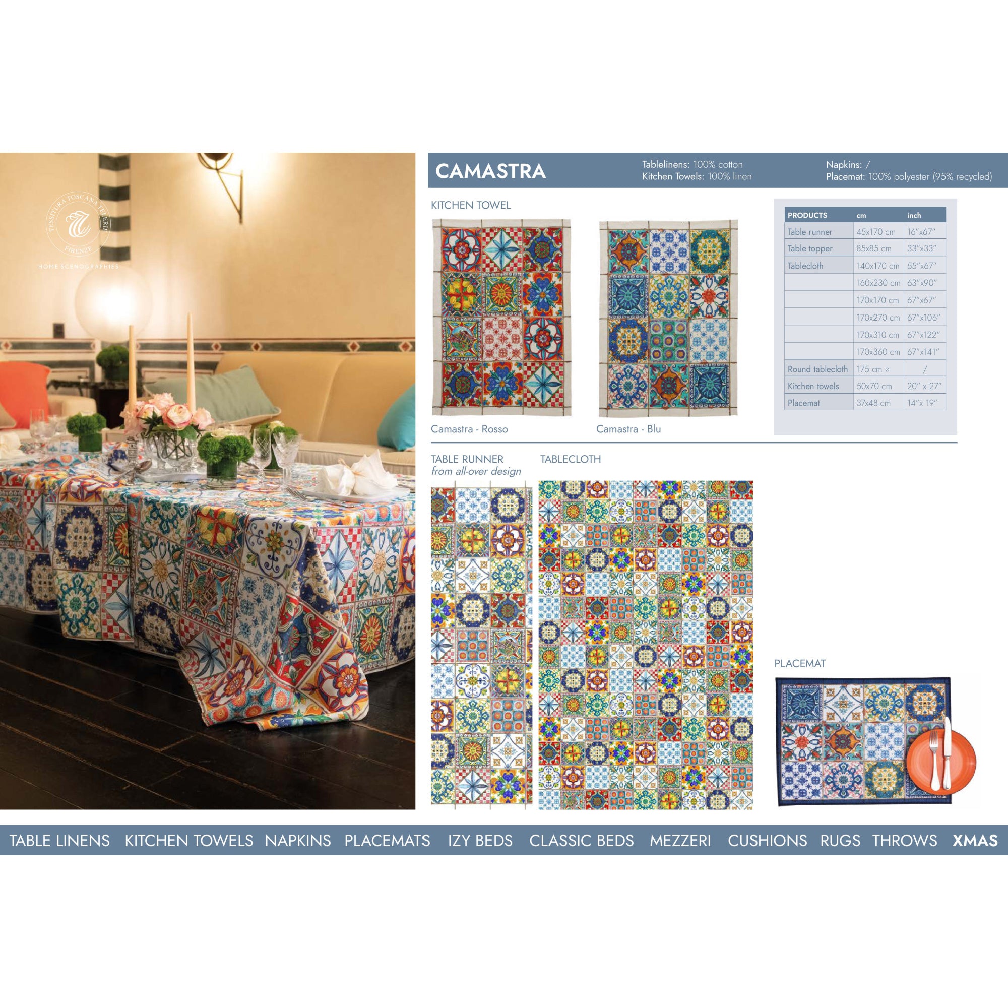 Katoenen tafelkleed Camastra met 'Zuid-Spaanse tegelvloer', kies je formaat (ook rond en als tafelloper)