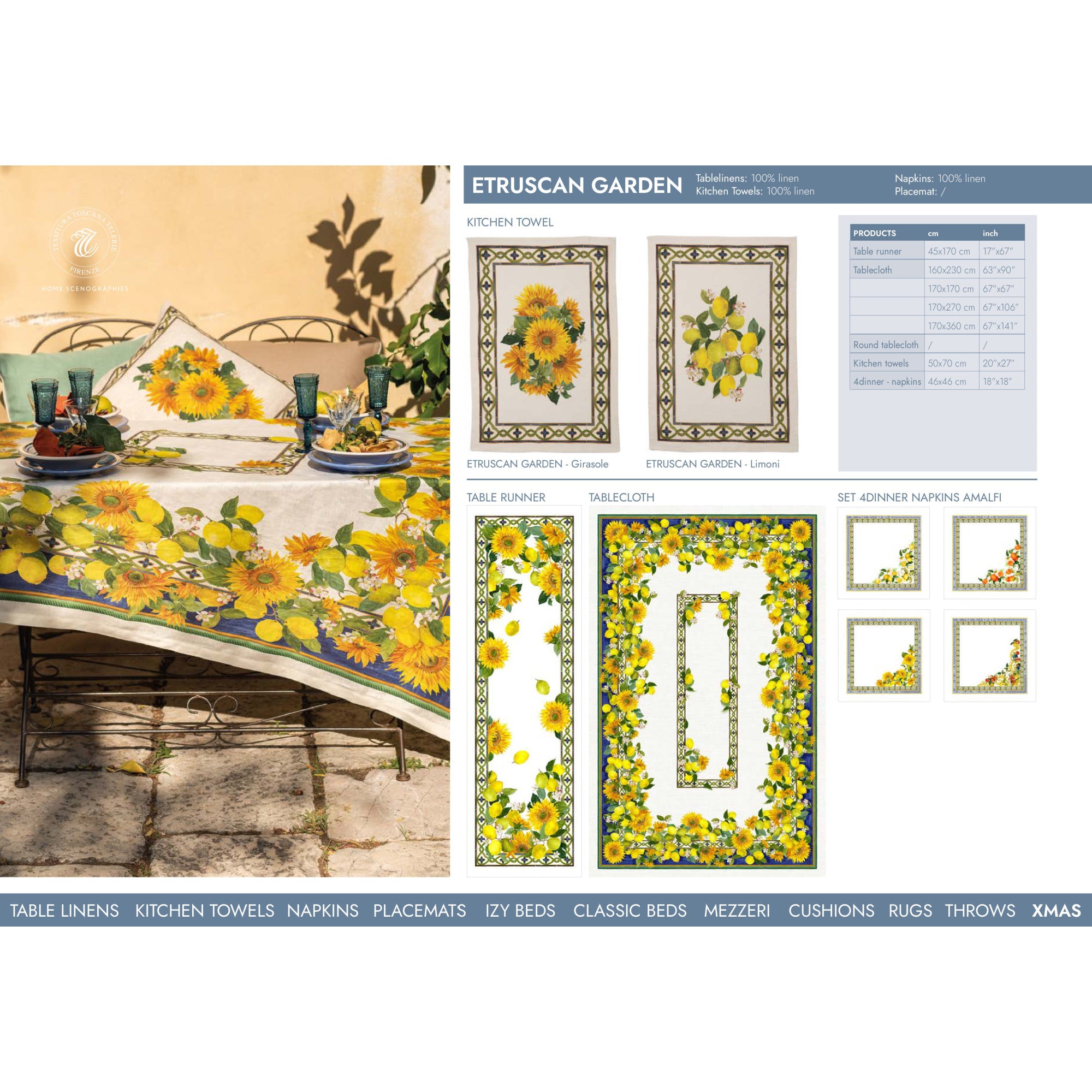 Etruscan Garden linnen tafelloper en tafelkleden met citroenen en zonnebloemen, Kies je formaat
