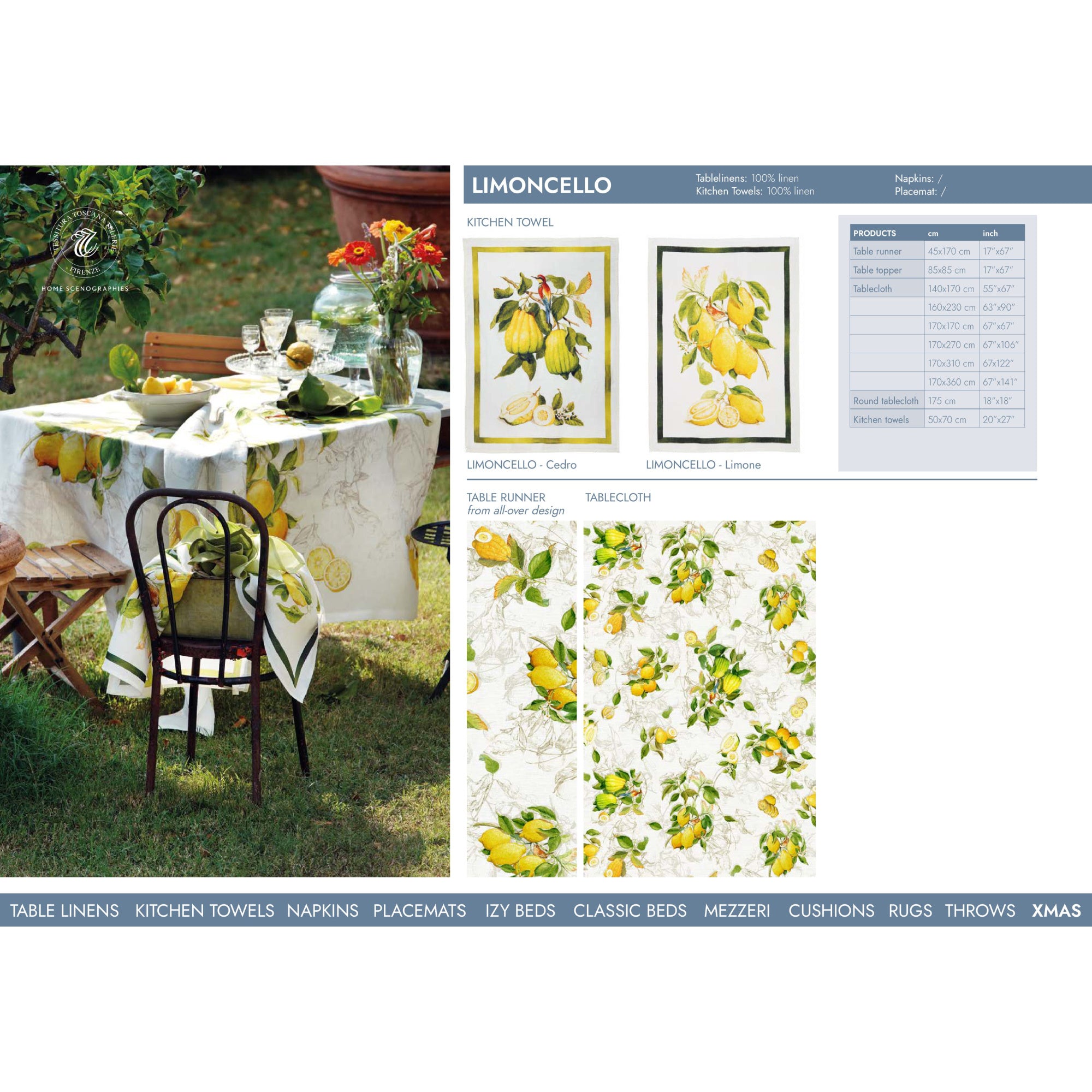 Linnen tafelkleed Limoncello met citroenen en vogeltjes, kies je formaat (ook rond en als tafelloper)
